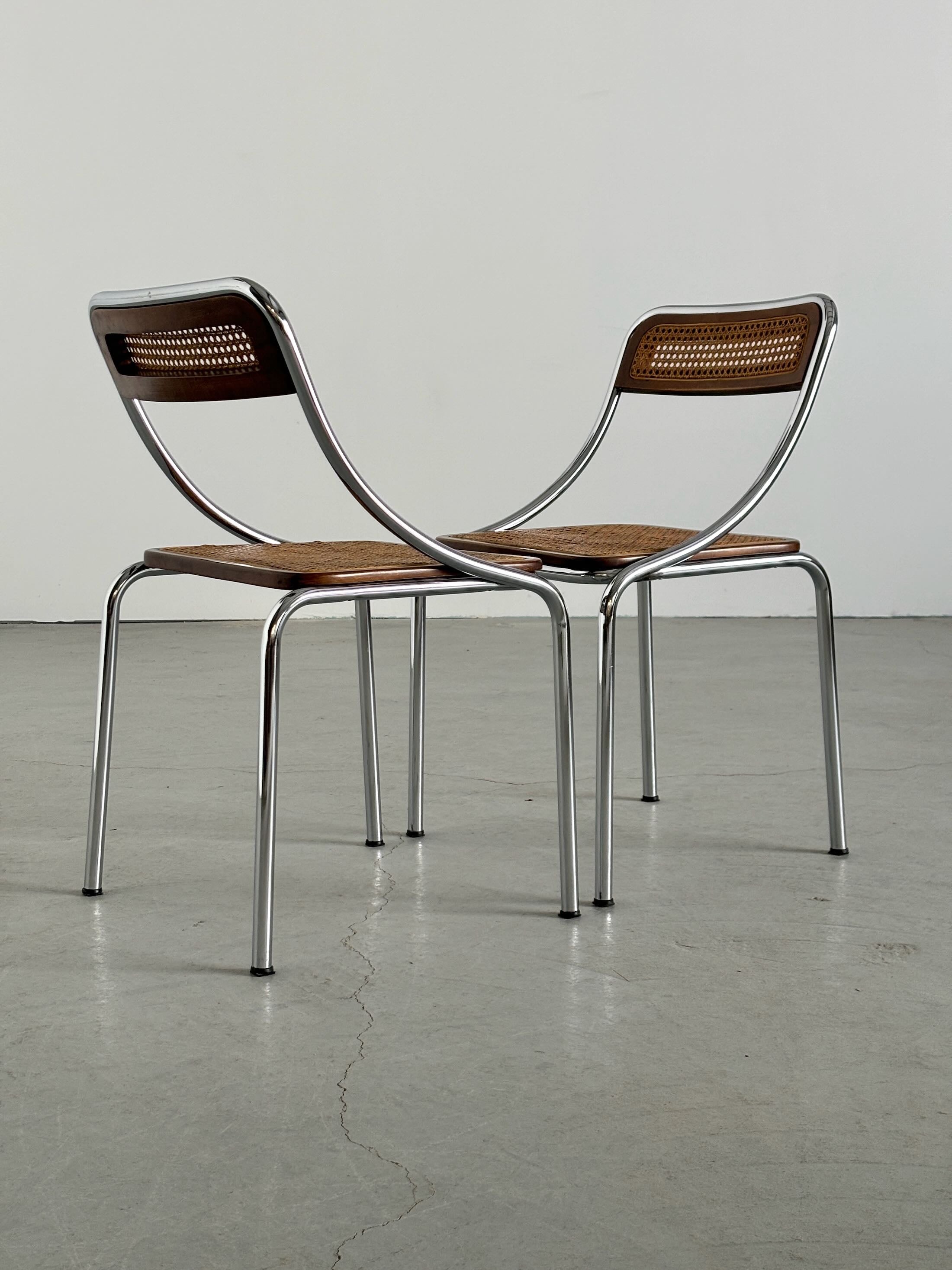 Dining Chairs in Wood, Wickered Cane and Chrome