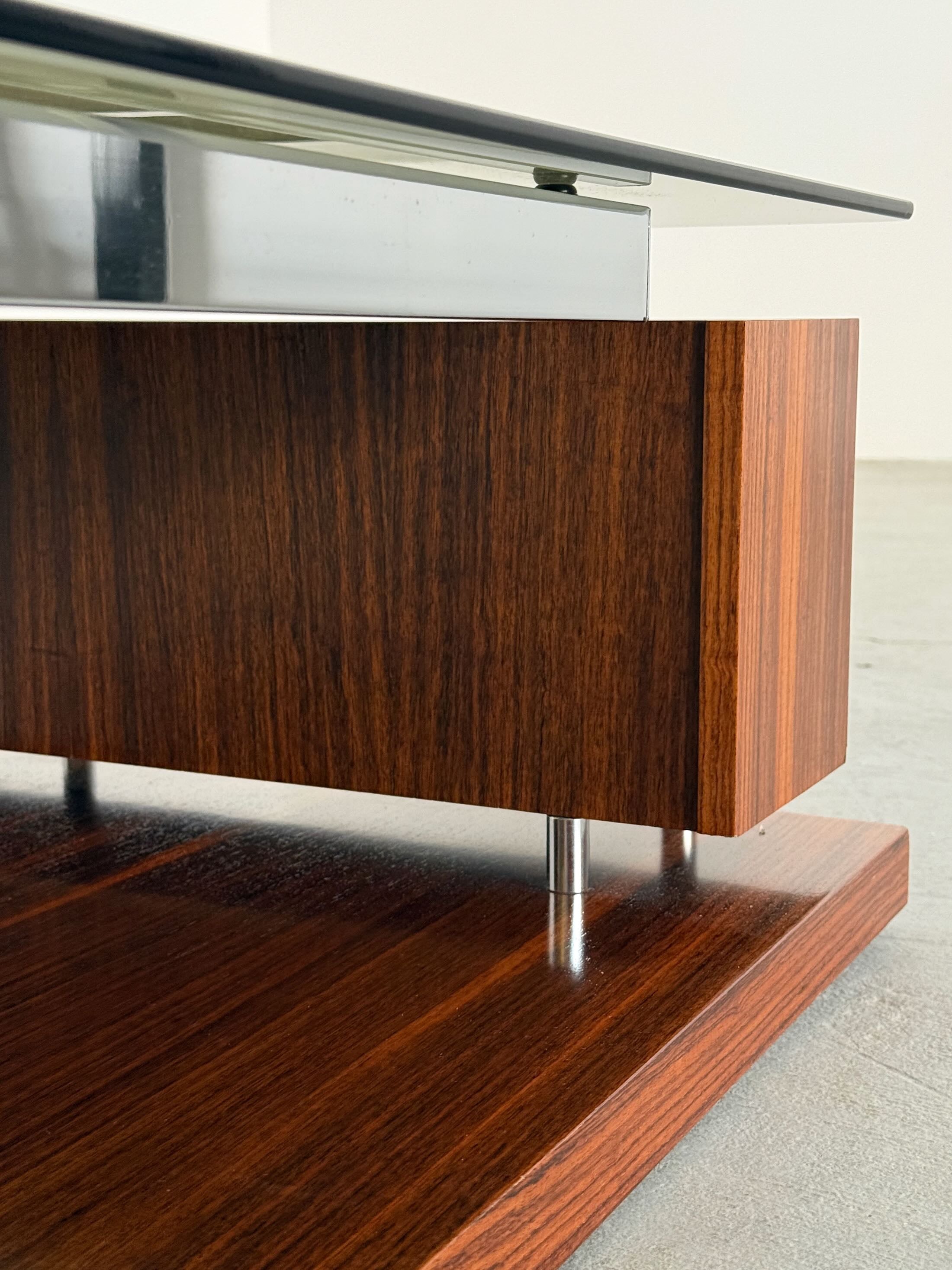 Coffee Table in Smoked Glass, Chromed Steel and Walnut