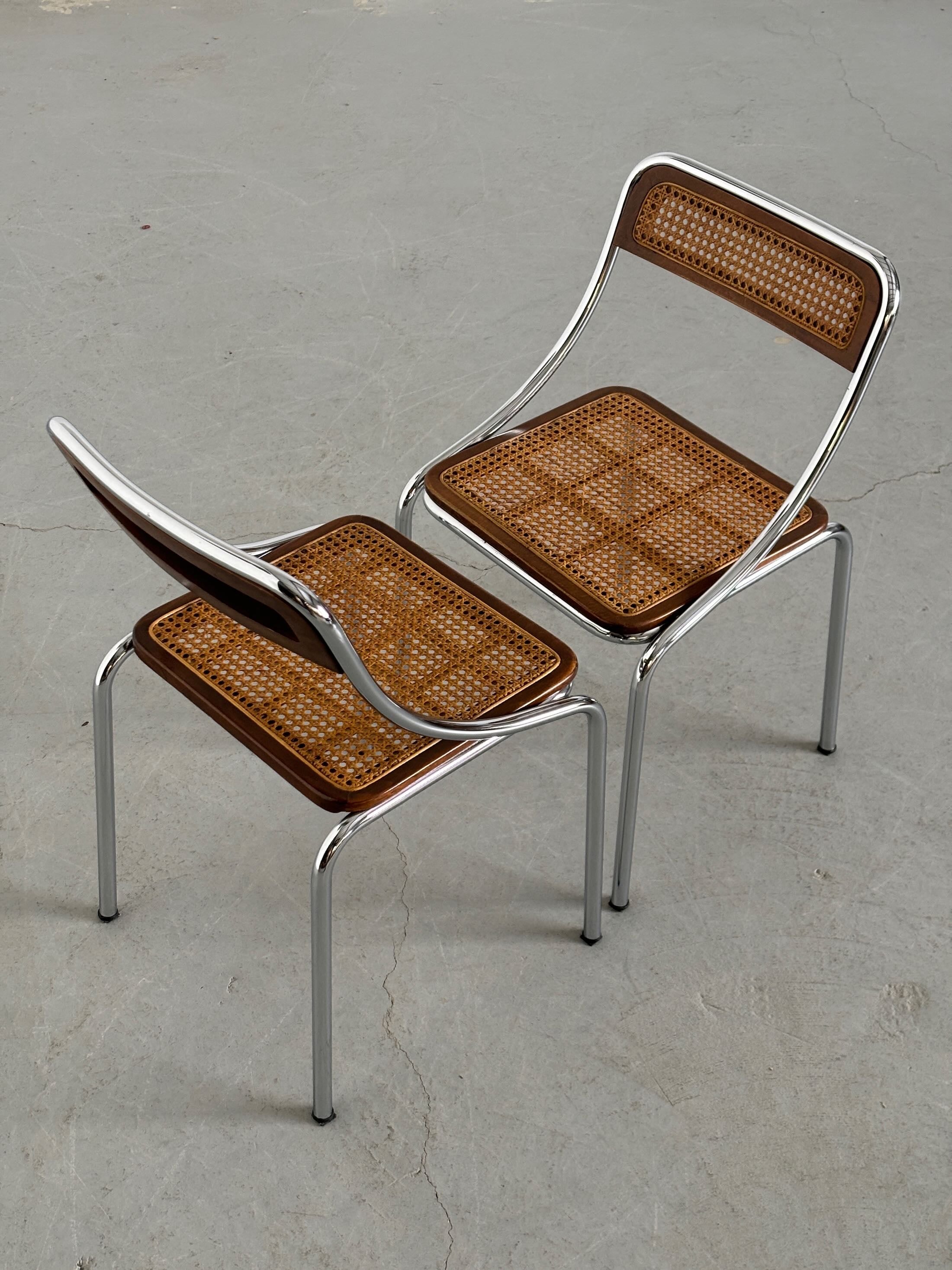 Dining Chairs in Wood, Wickered Cane and Chrome