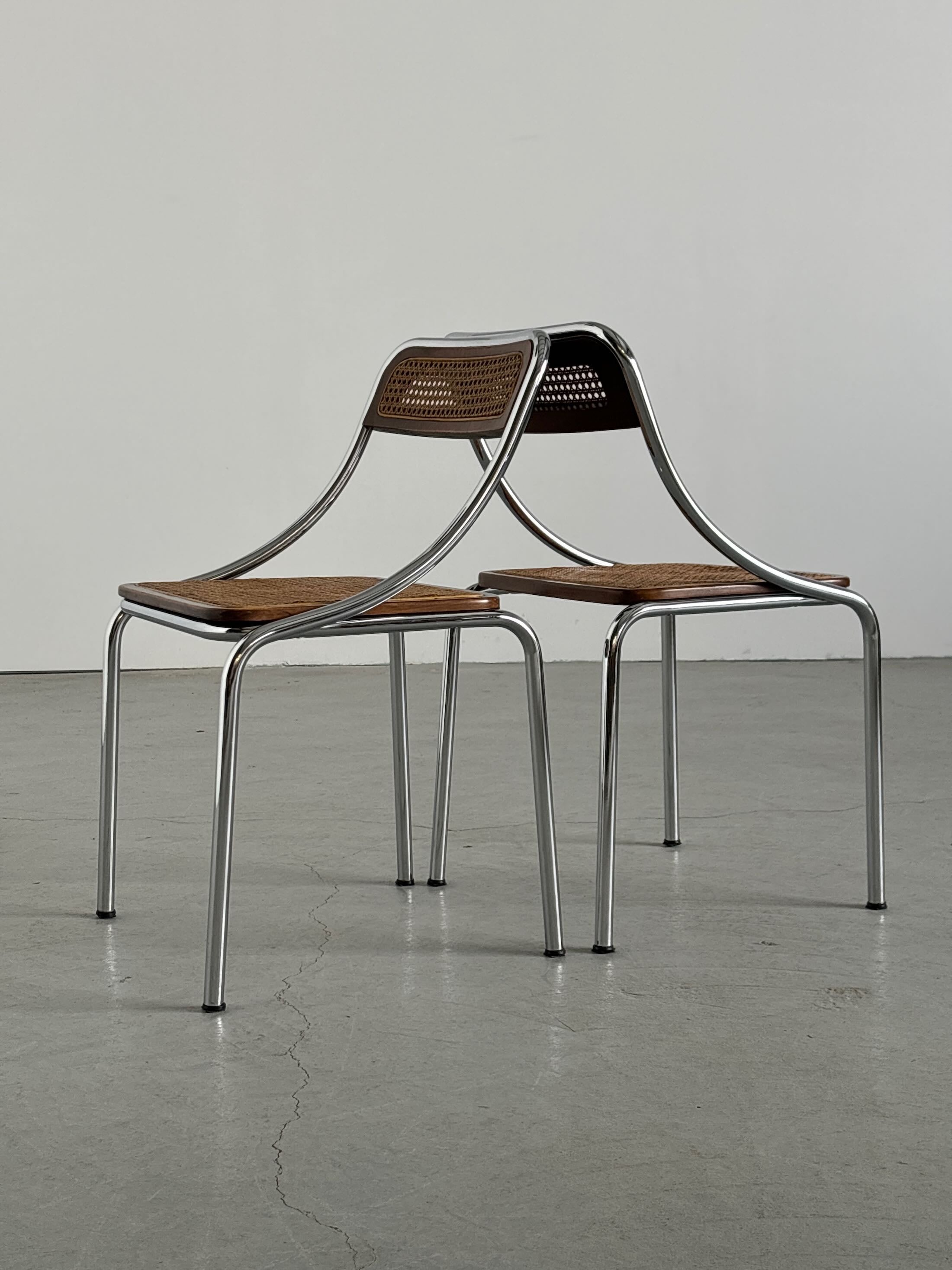 Dining Chairs in Wood, Wickered Cane and Chrome