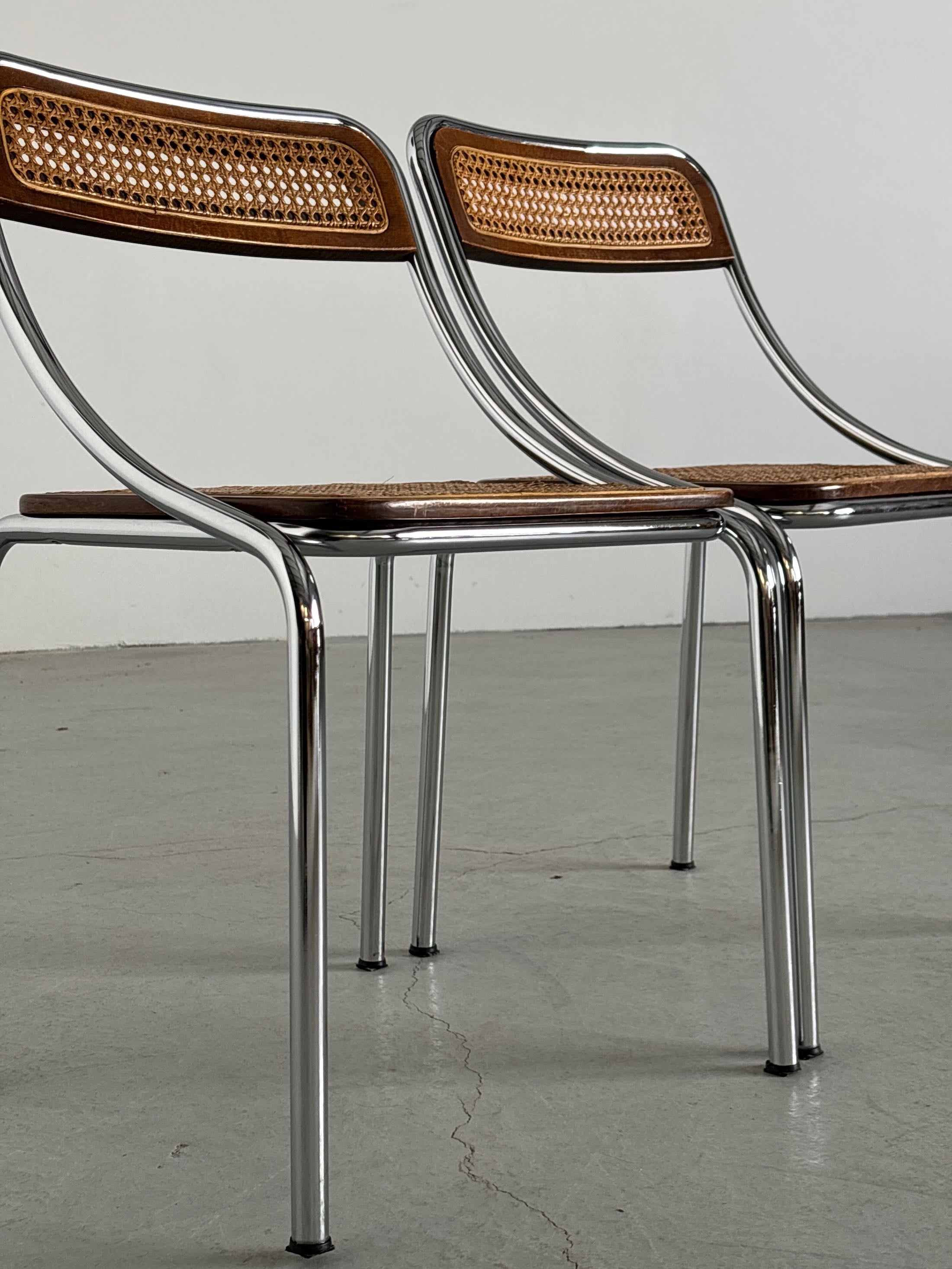 Dining Chairs in Wood, Wickered Cane and Chrome