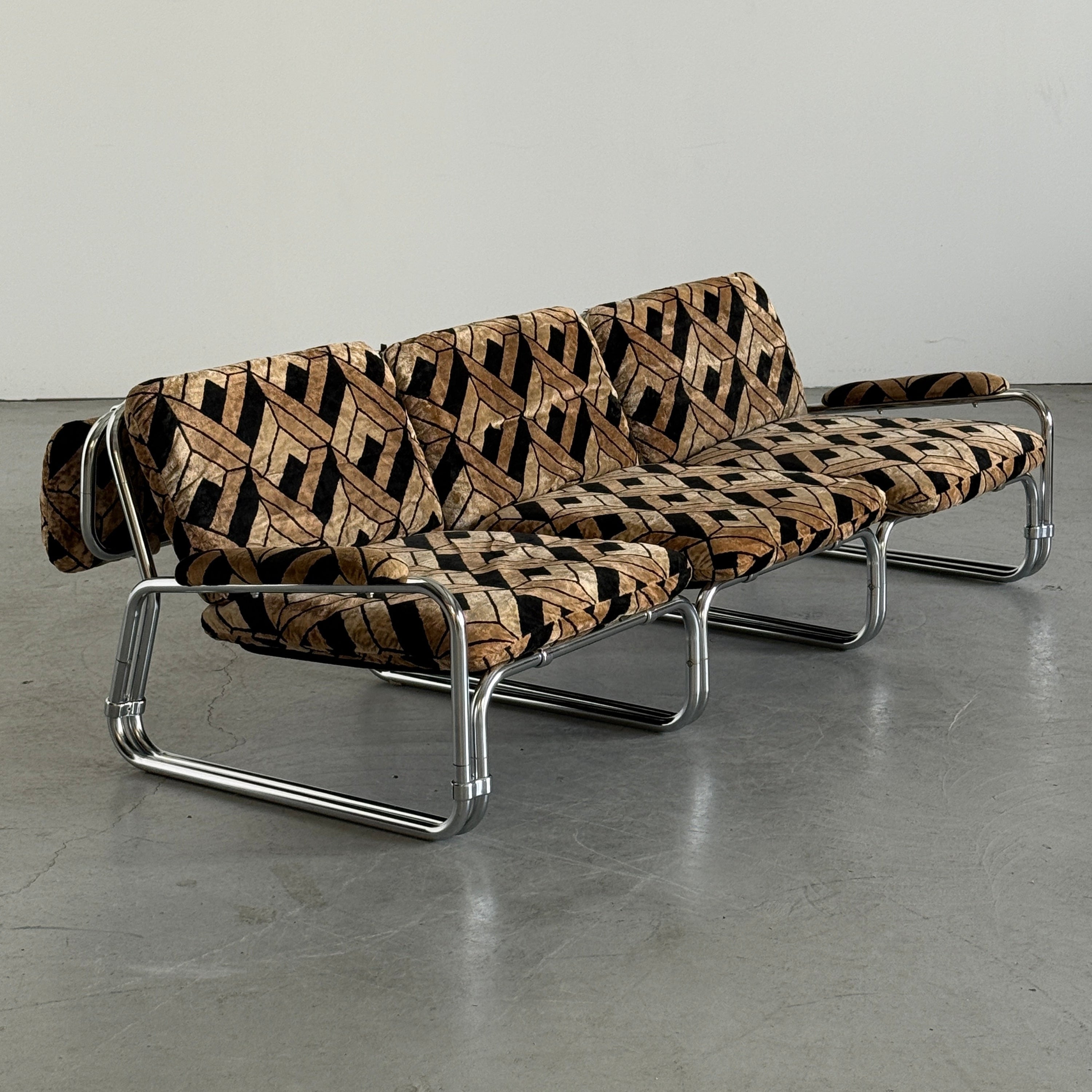 Tubular Steel Chrome Sofa in Geometric Velvet