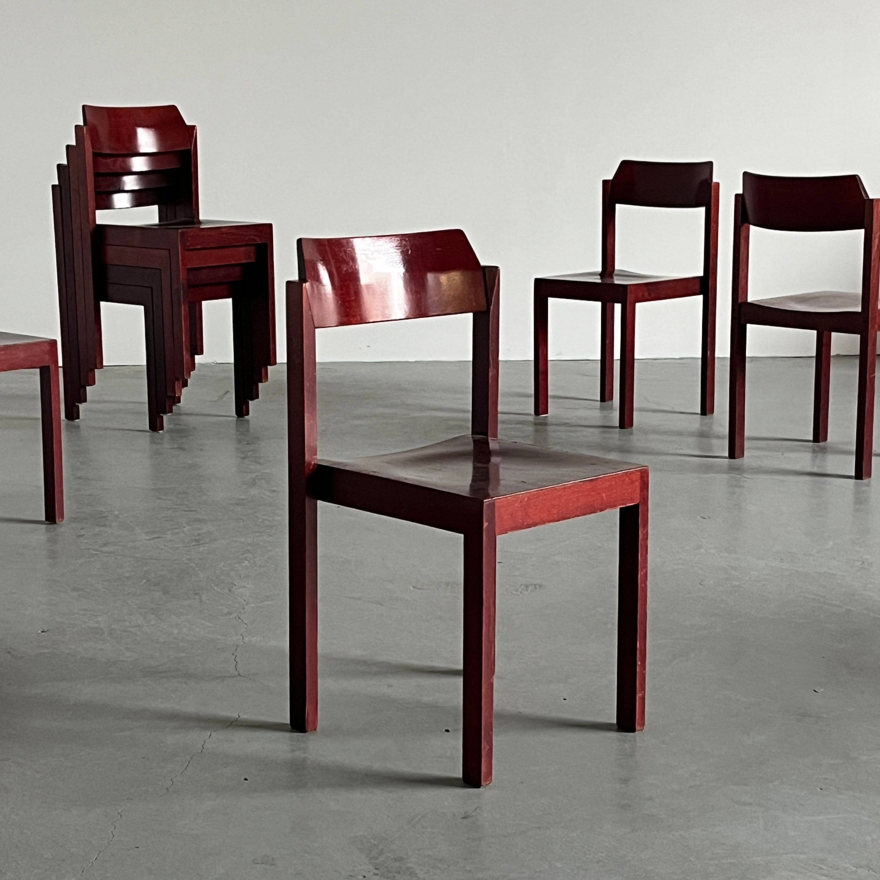 Constructivist Maroon Wooden Dining Chairs