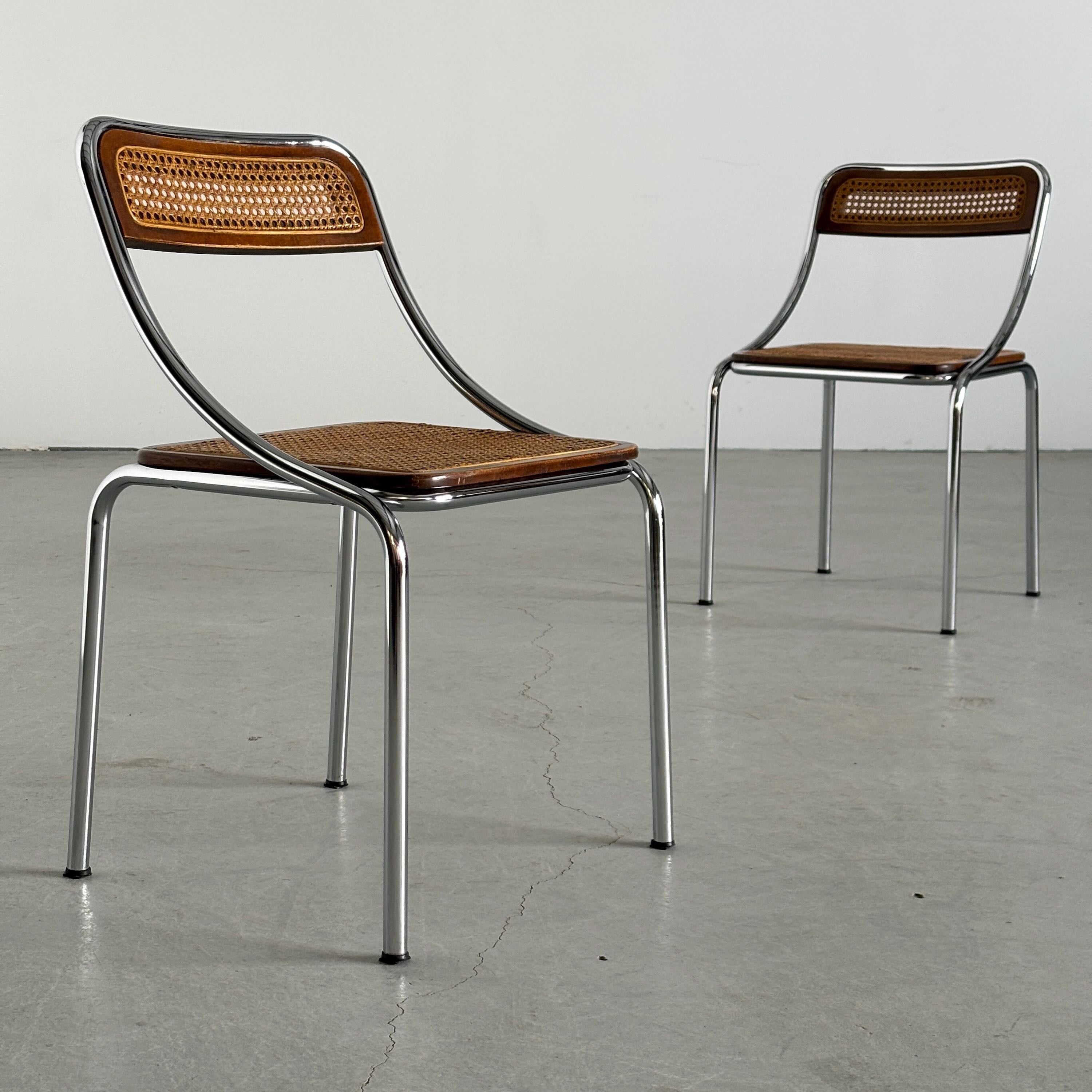 Dining Chairs in Wood, Wickered Cane and Chrome