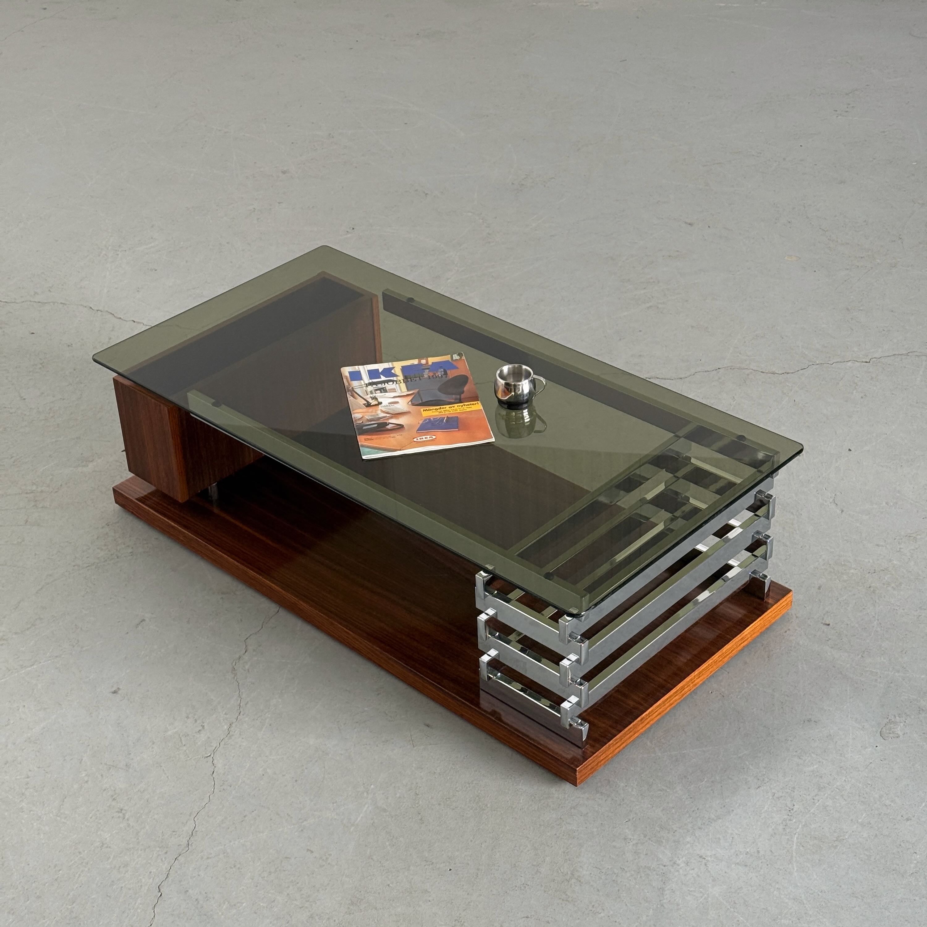 Coffee Table in Smoked Glass, Chromed Steel and Walnut