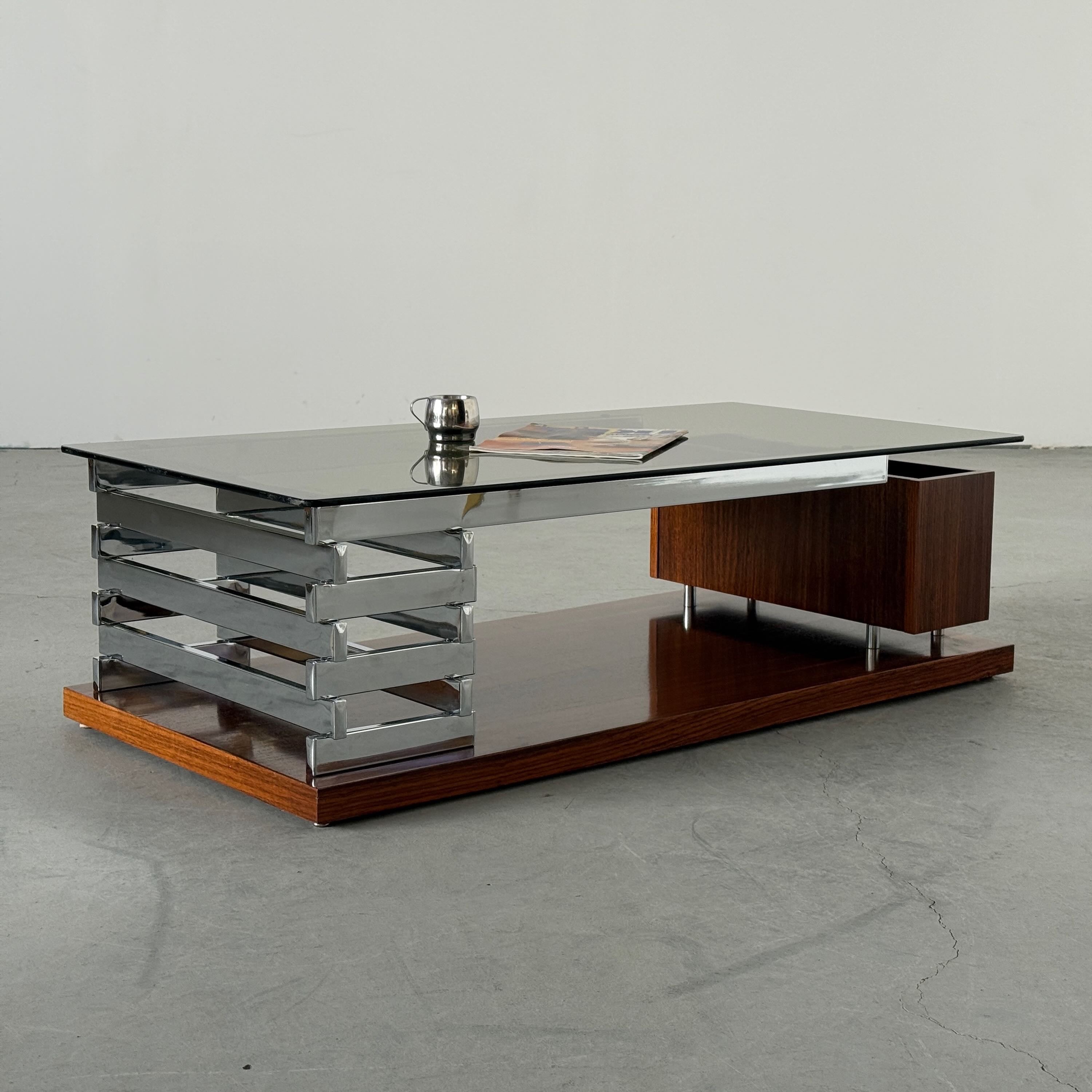 Coffee Table in Smoked Glass, Chromed Steel and Walnut