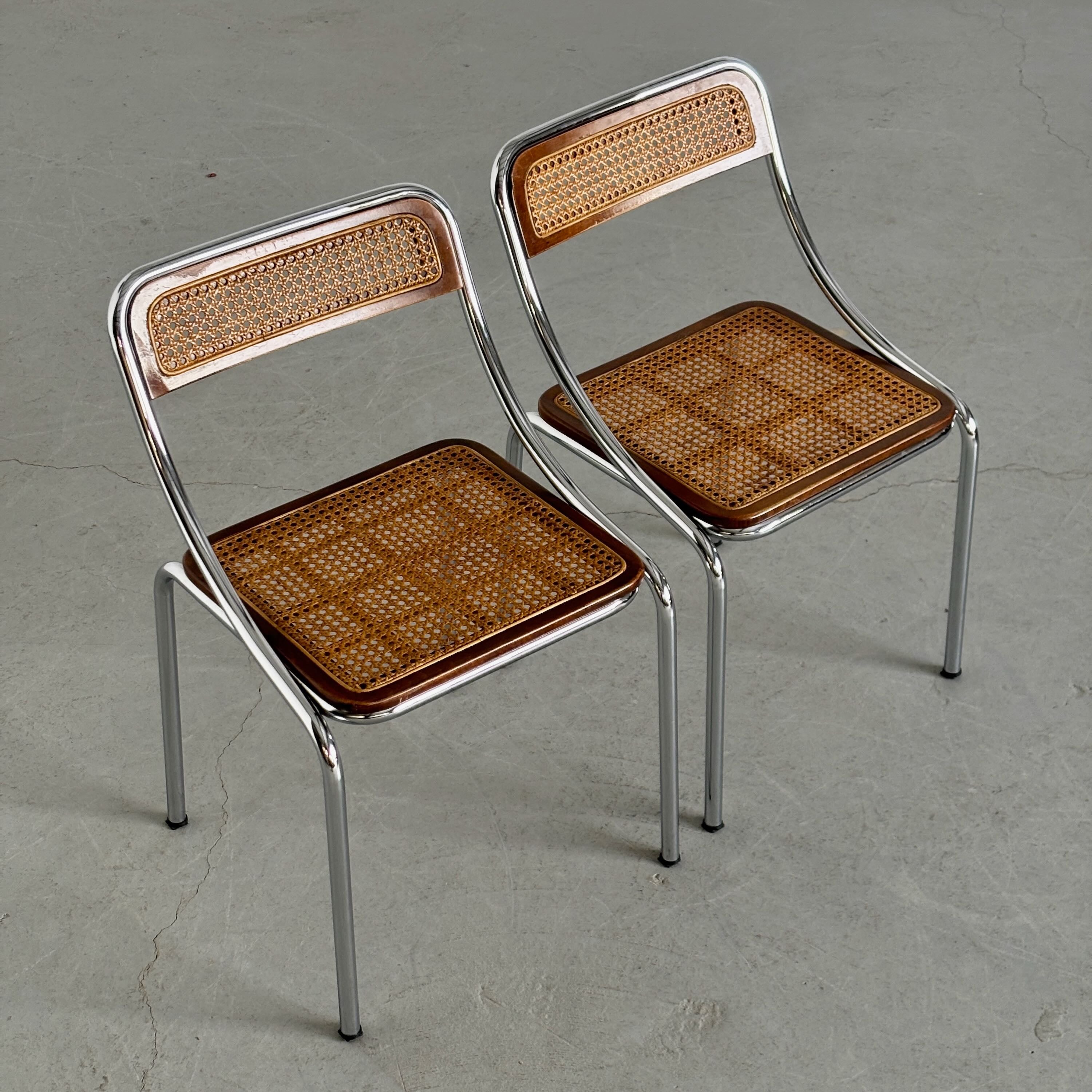 Dining Chairs in Wood, Wickered Cane and Chrome