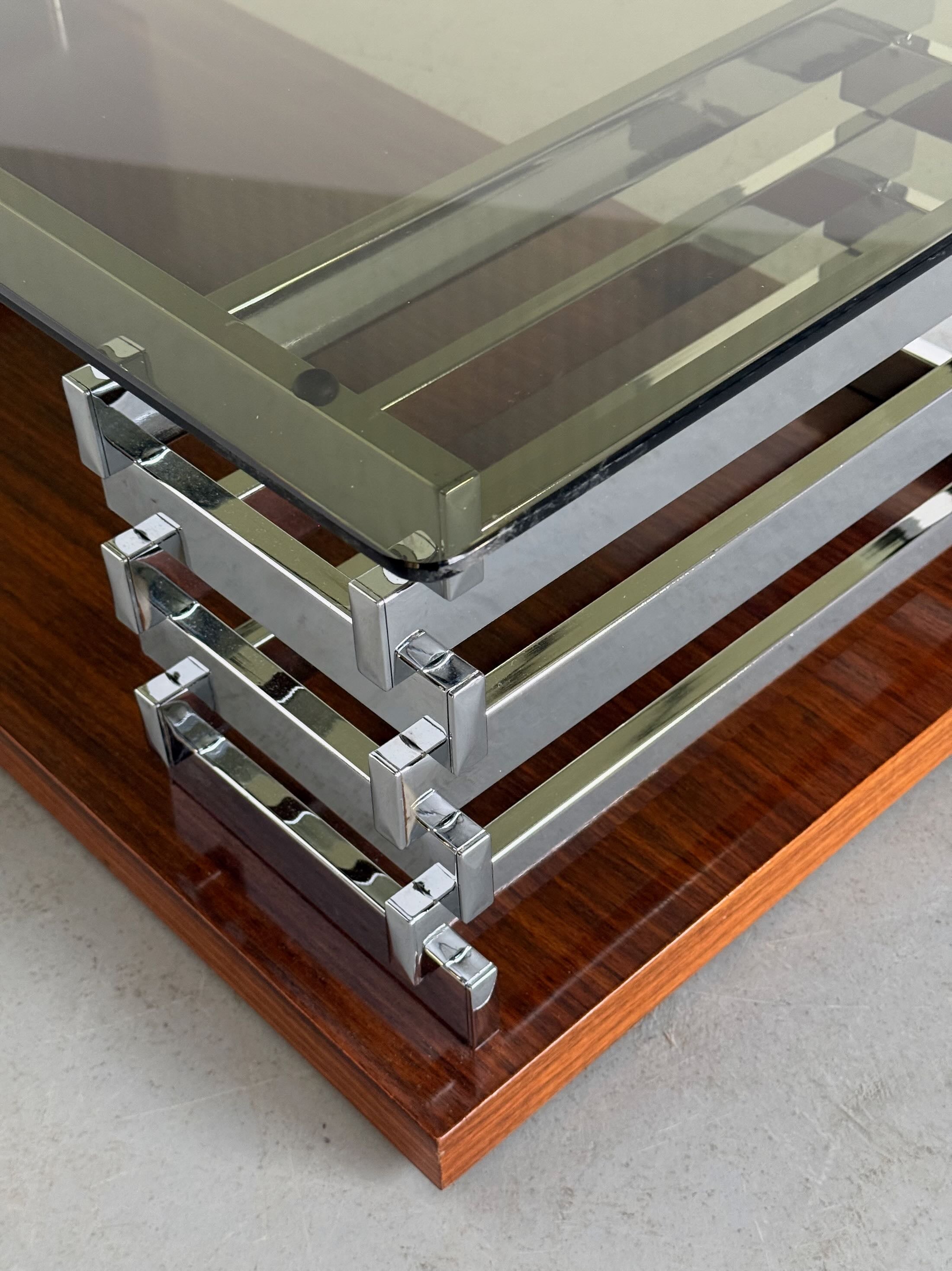 Coffee Table in Smoked Glass, Chromed Steel and Walnut