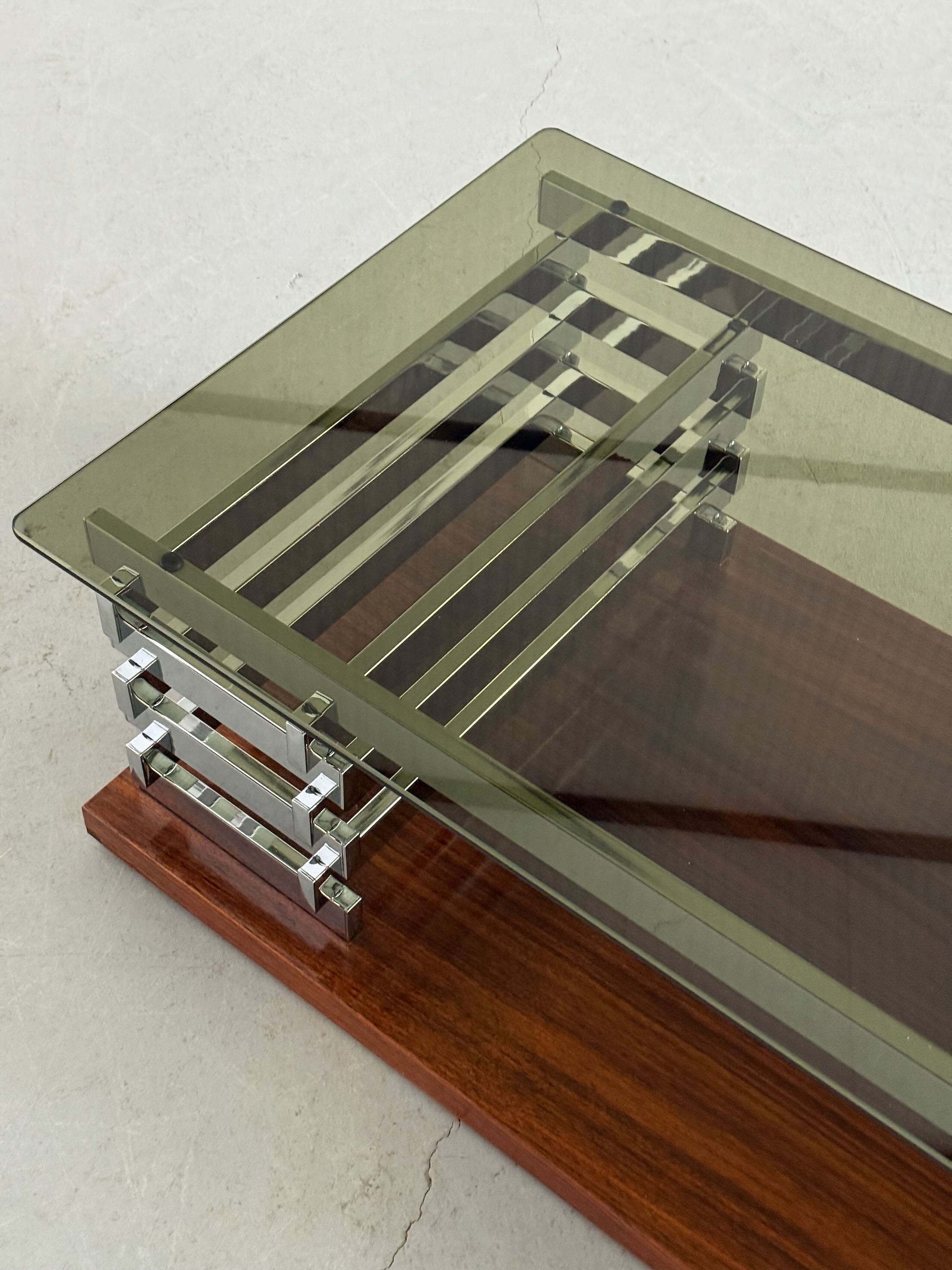 Coffee Table in Smoked Glass, Chromed Steel and Walnut