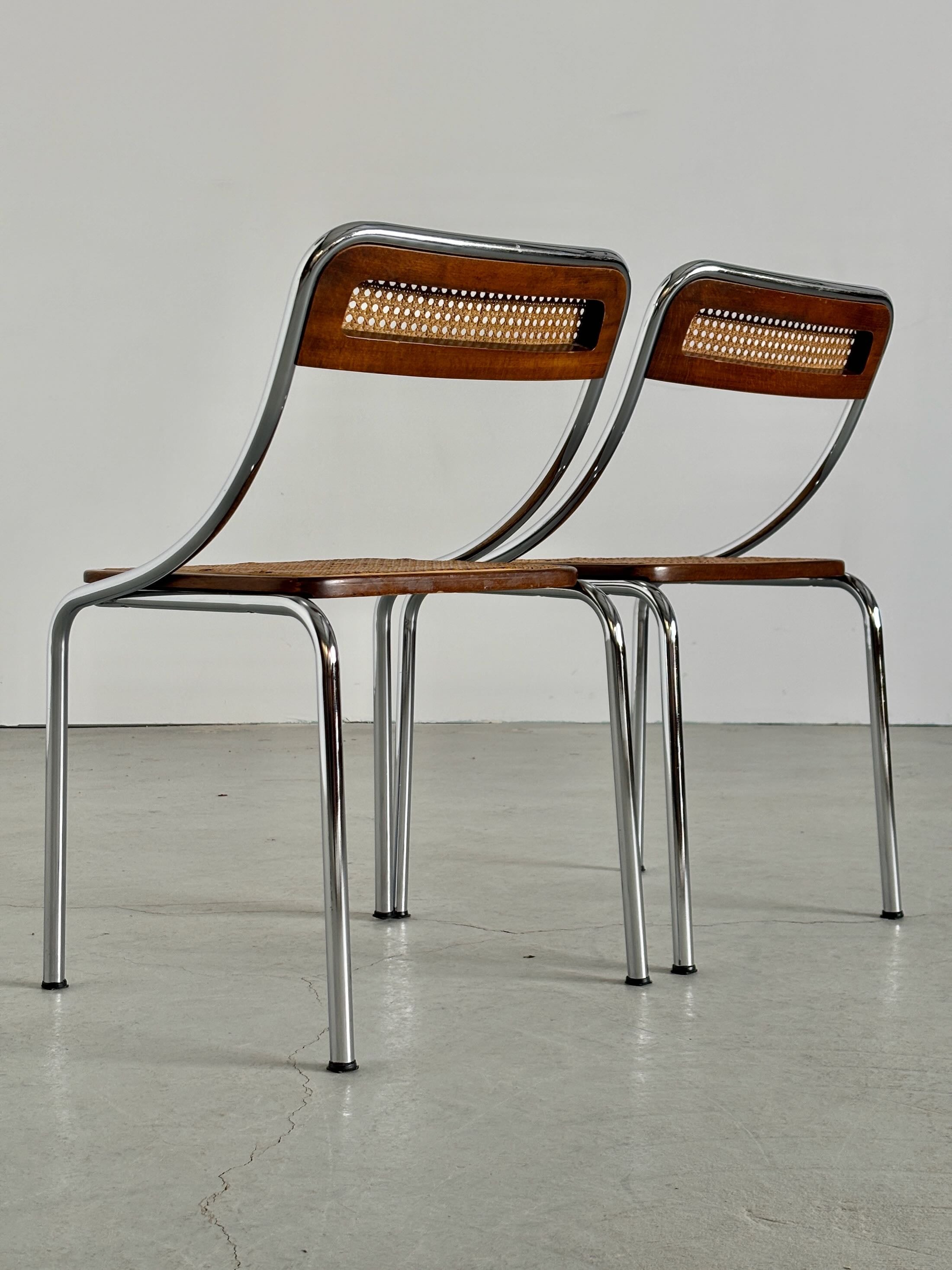 Dining Chairs in Wood, Wickered Cane and Chrome