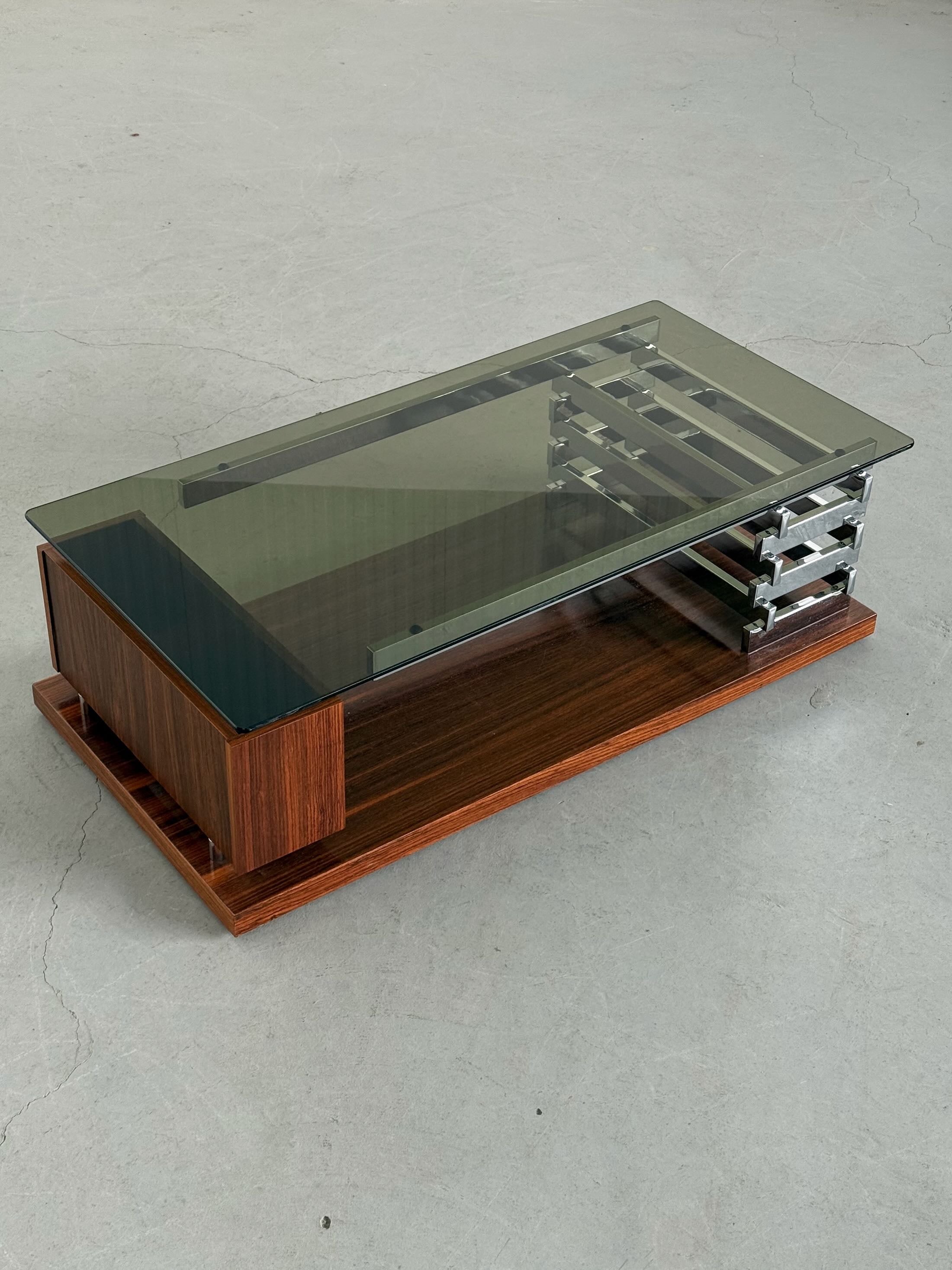 Coffee Table in Smoked Glass, Chromed Steel and Walnut