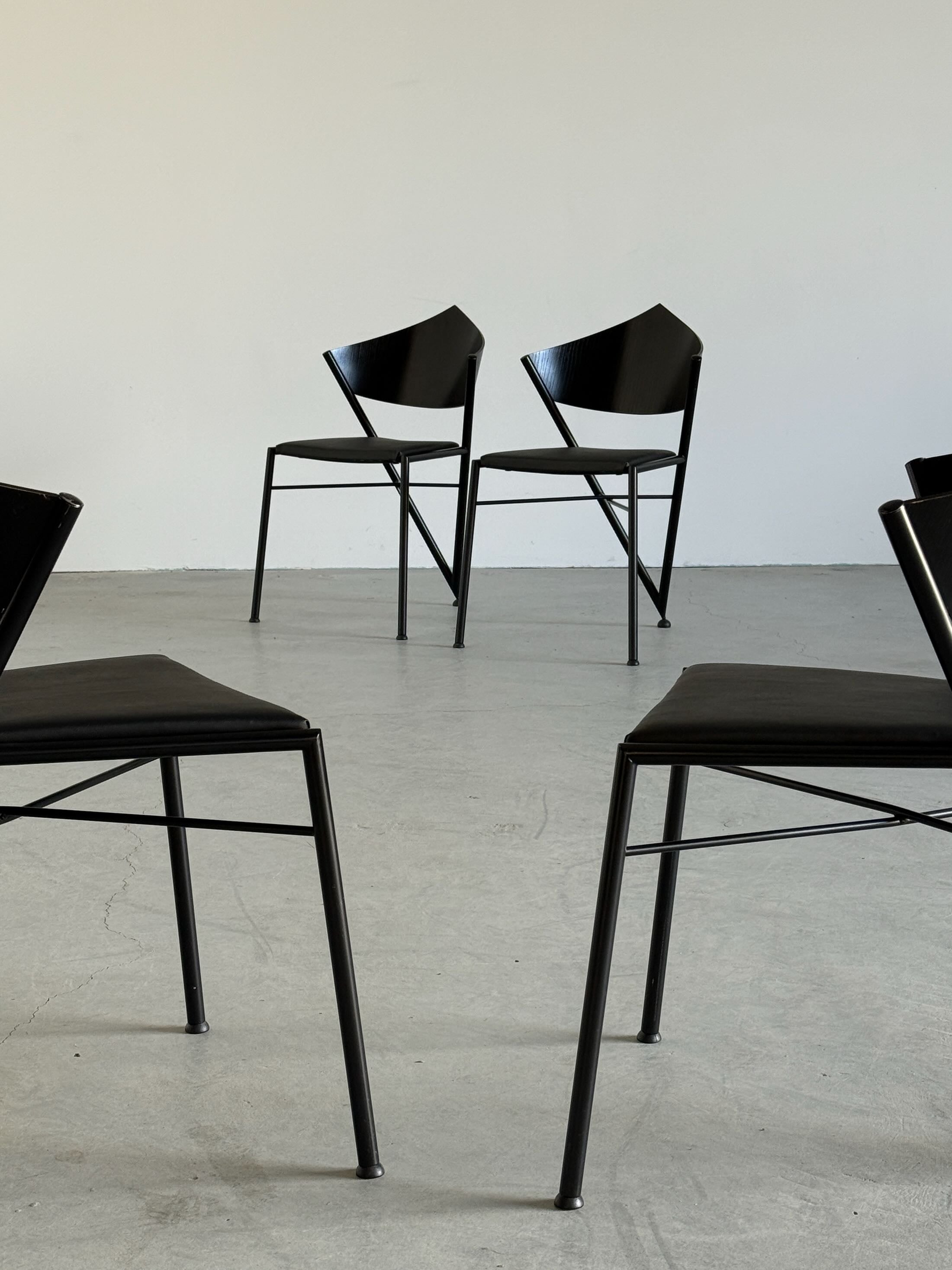 Metal Framed ‘D-Tec’ Chairs, Black Faux Leather