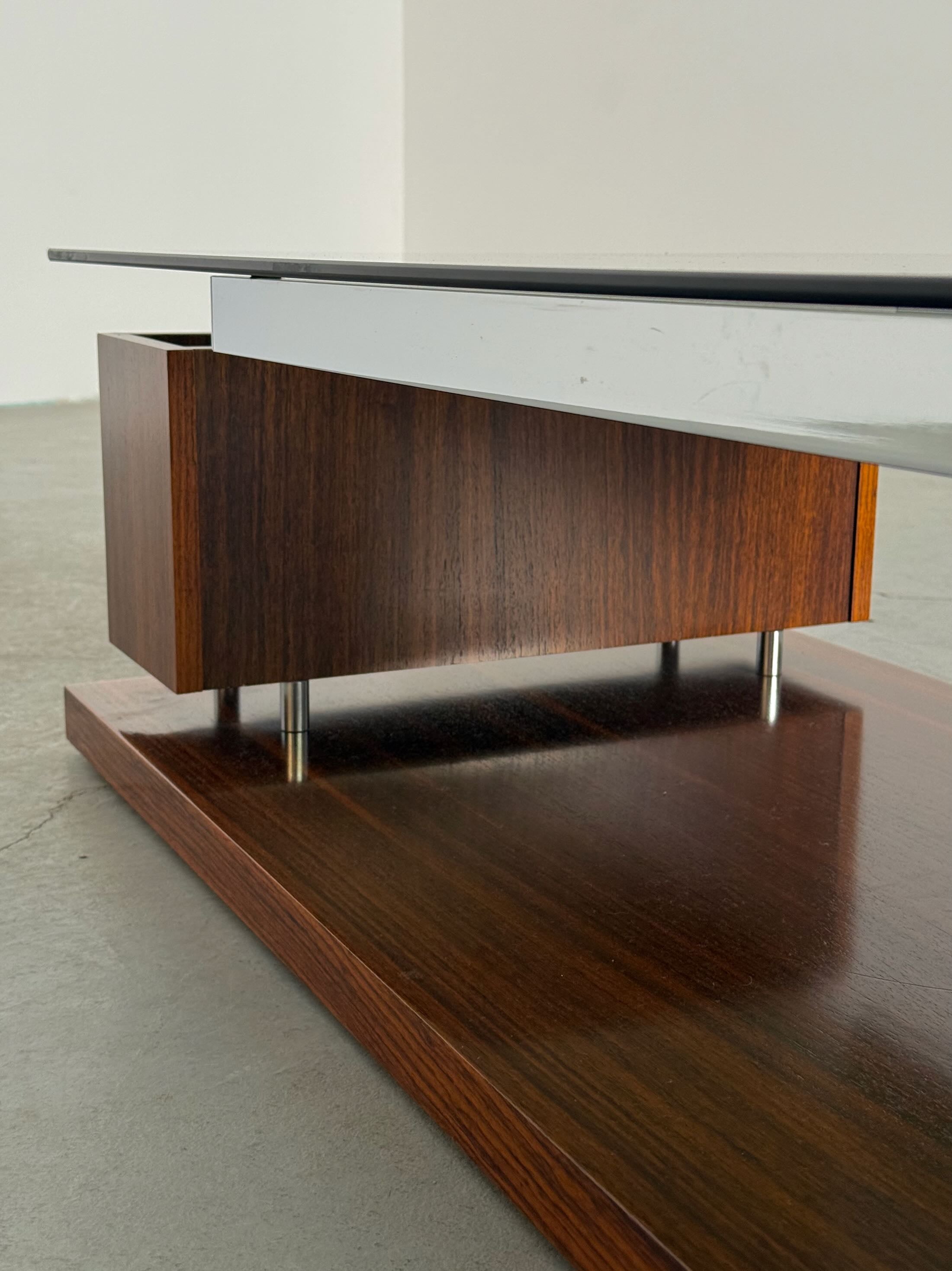 Coffee Table in Smoked Glass, Chromed Steel and Walnut