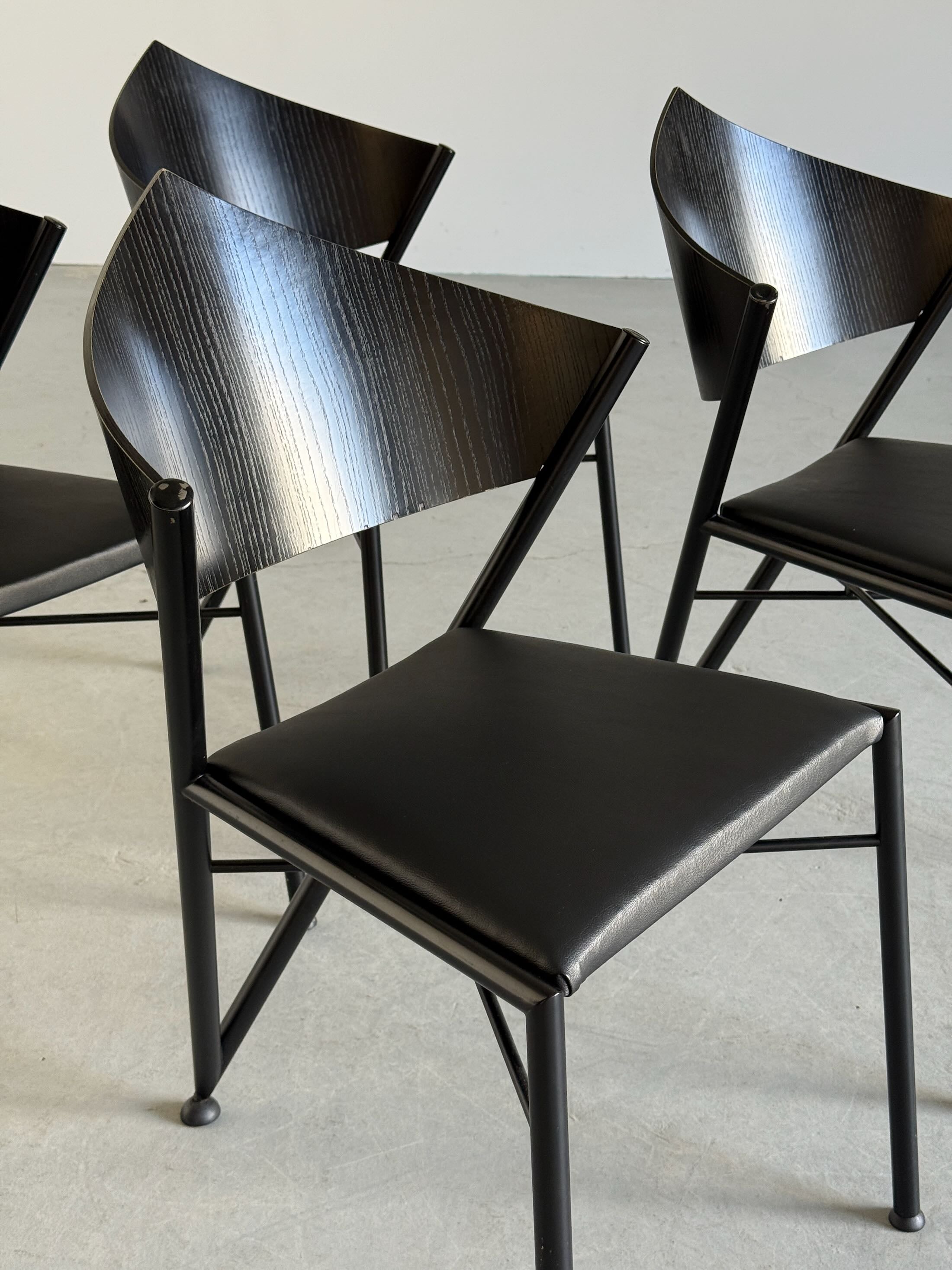 Metal Framed ‘D-Tec’ Chairs, Black Faux Leather