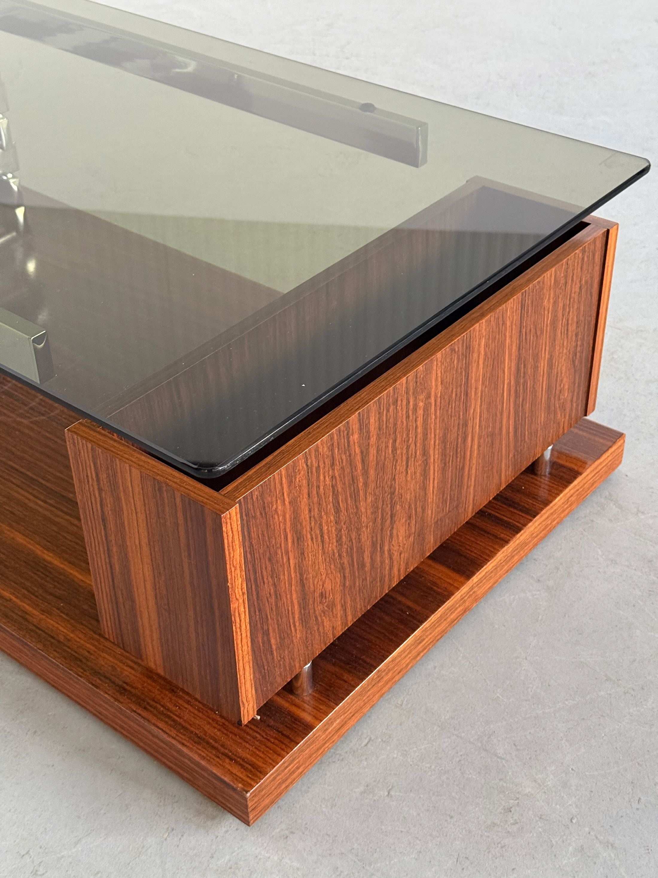 Coffee Table in Smoked Glass, Chromed Steel and Walnut