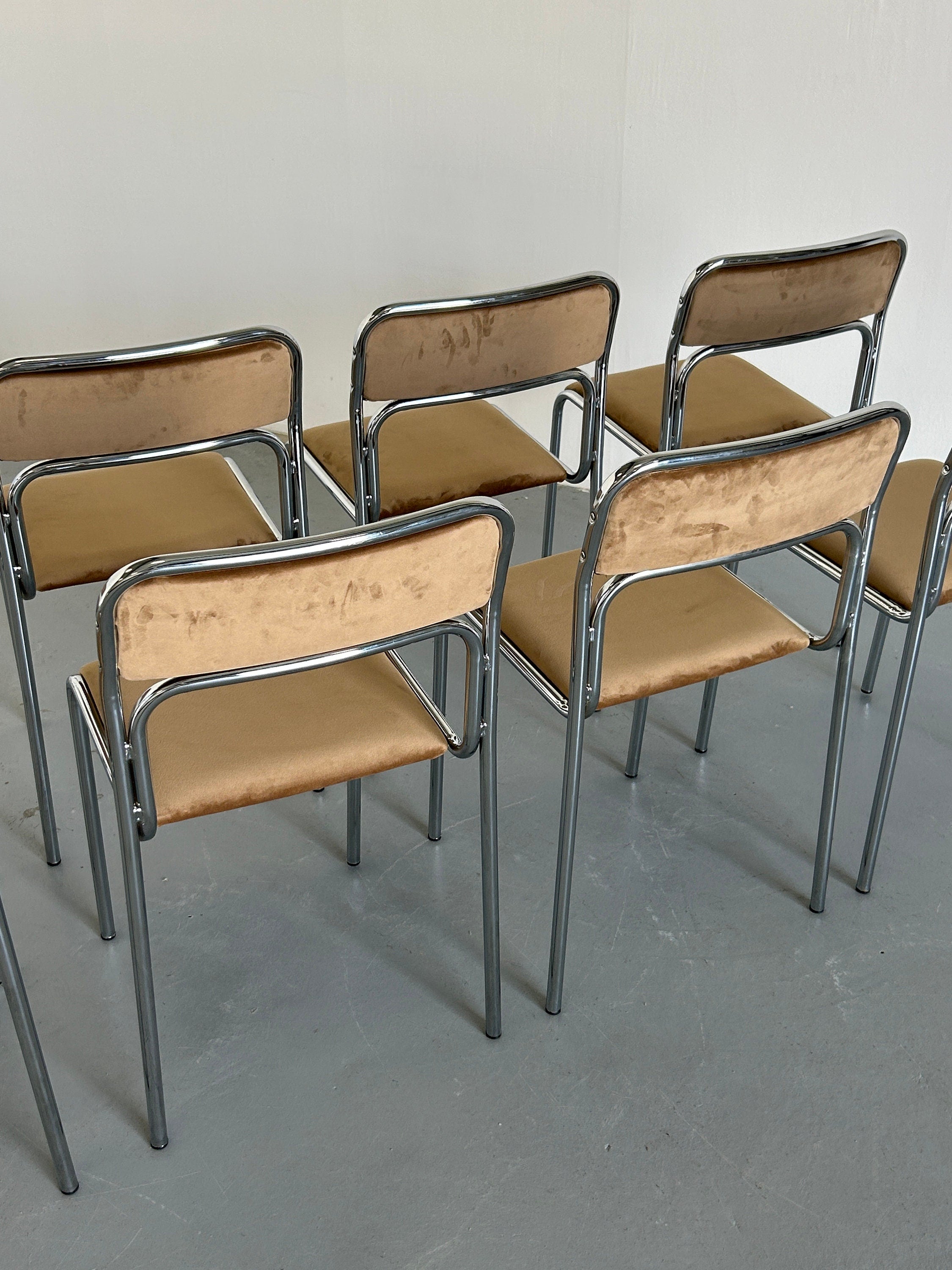 1 of 8 Bauhaus Chrome Tubular Steel and Beige Velvet | 80s Vintage Italian Modernist Stackable Dining Chairs
