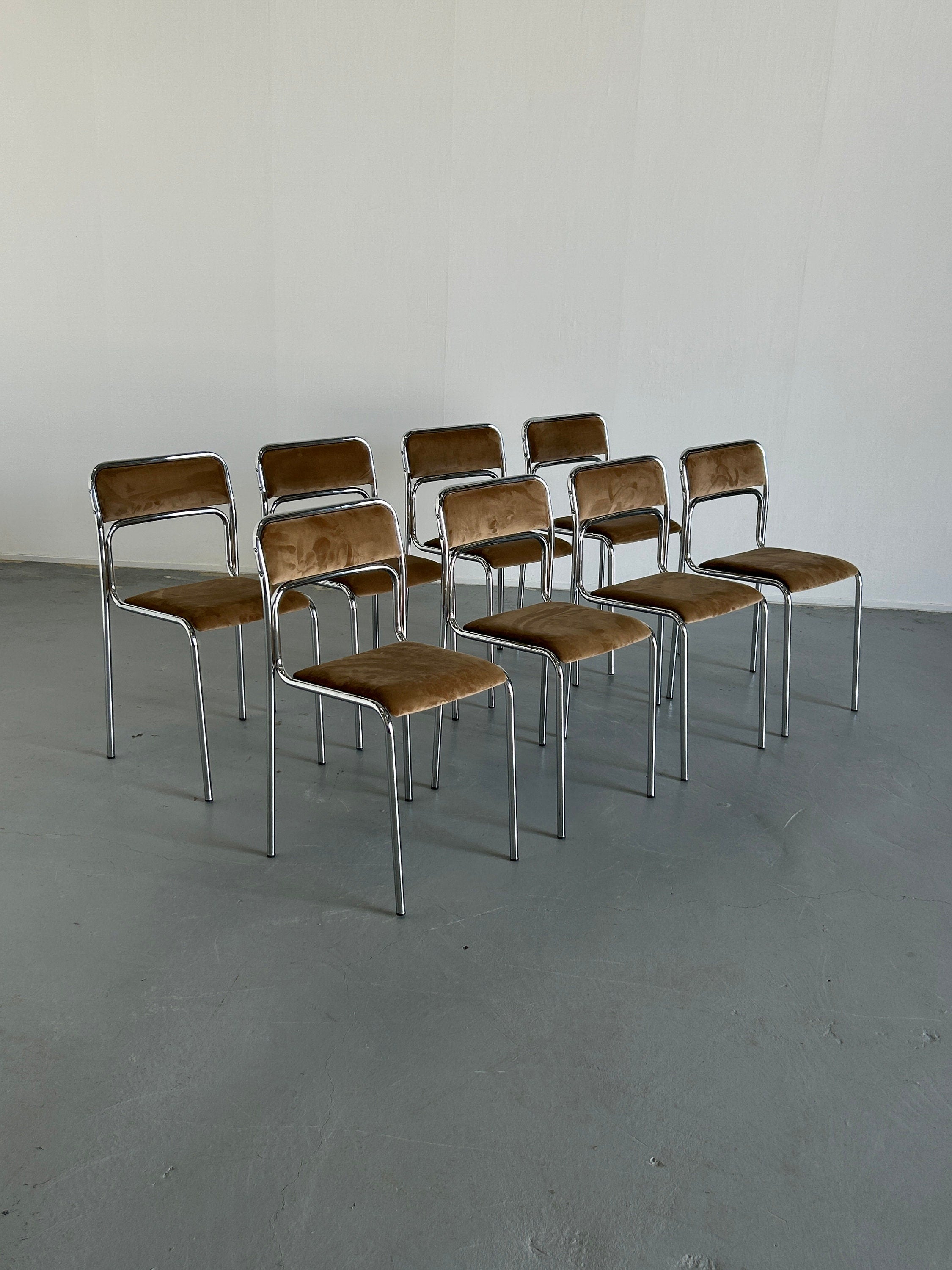 Bauhaus Design Chrome Tubular Steel and Beige Velvet Chairs, 1980s