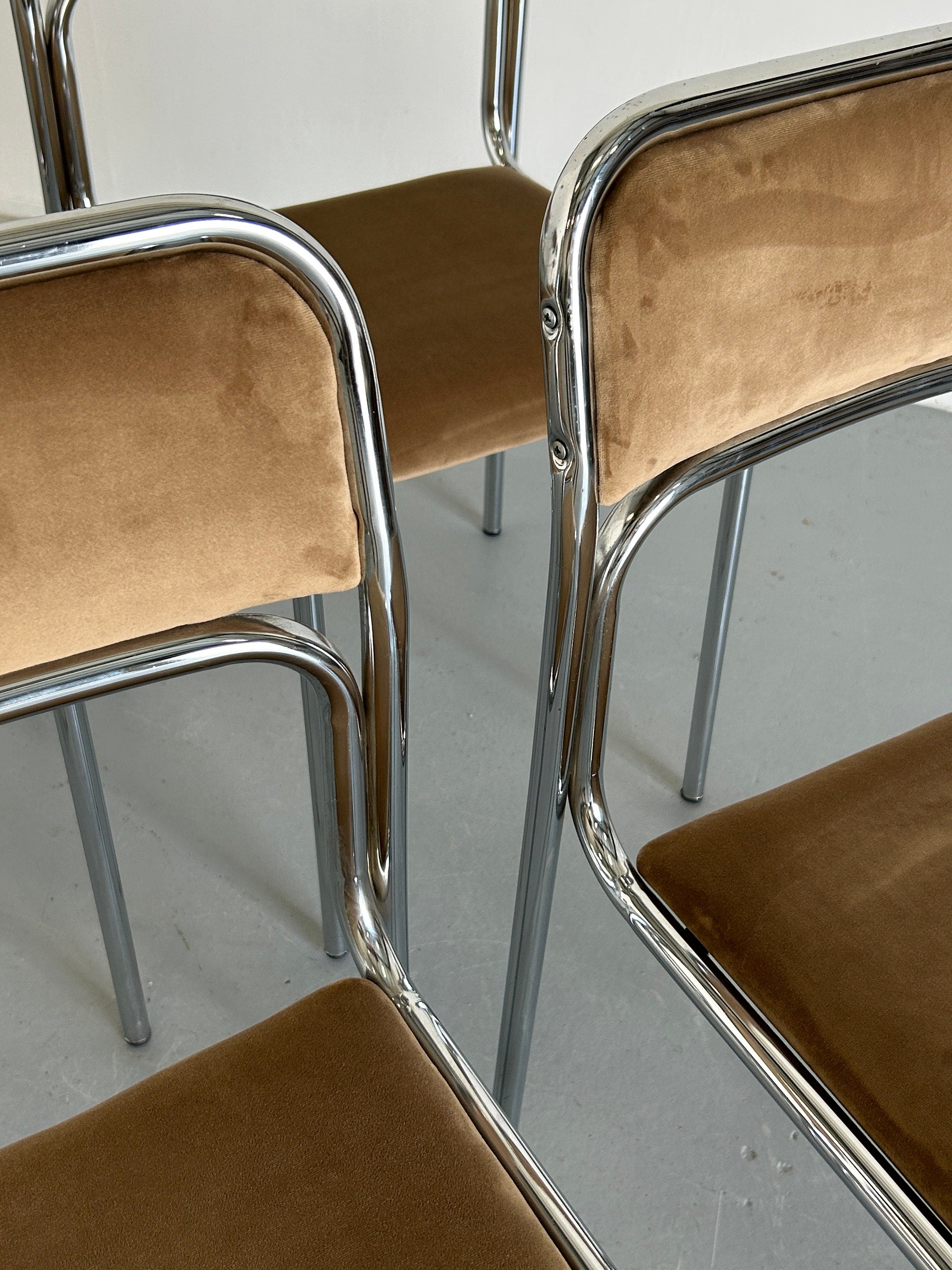 1 of 8 Bauhaus Chrome Tubular Steel and Beige Velvet | 80s Vintage Italian Modernist Stackable Dining Chairs