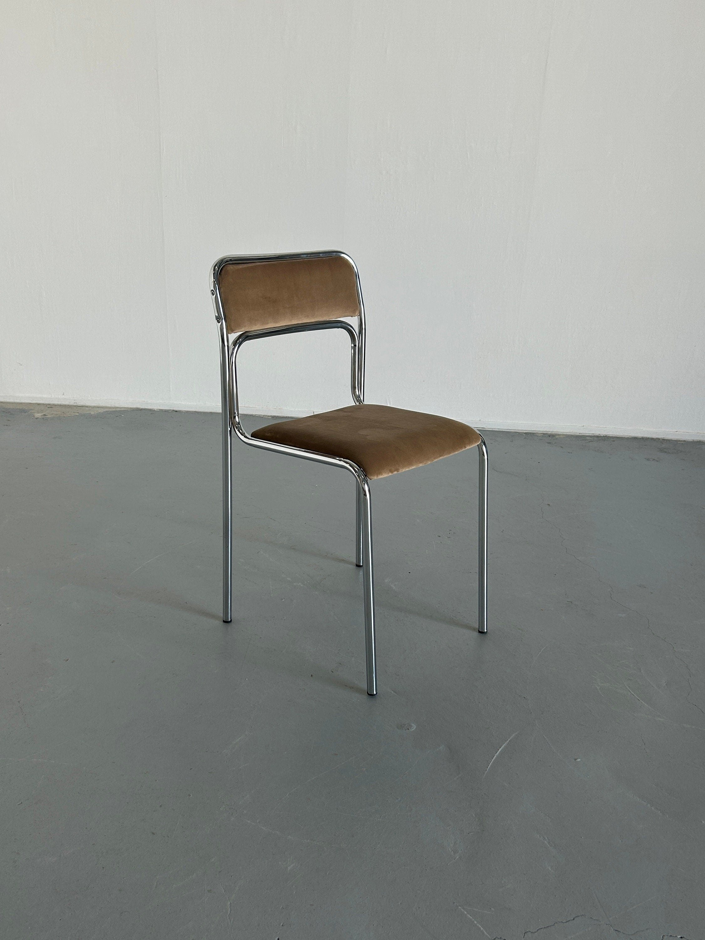 1 of 8 Bauhaus Chrome Tubular Steel and Beige Velvet | 80s Vintage Italian Modernist Stackable Dining Chairs