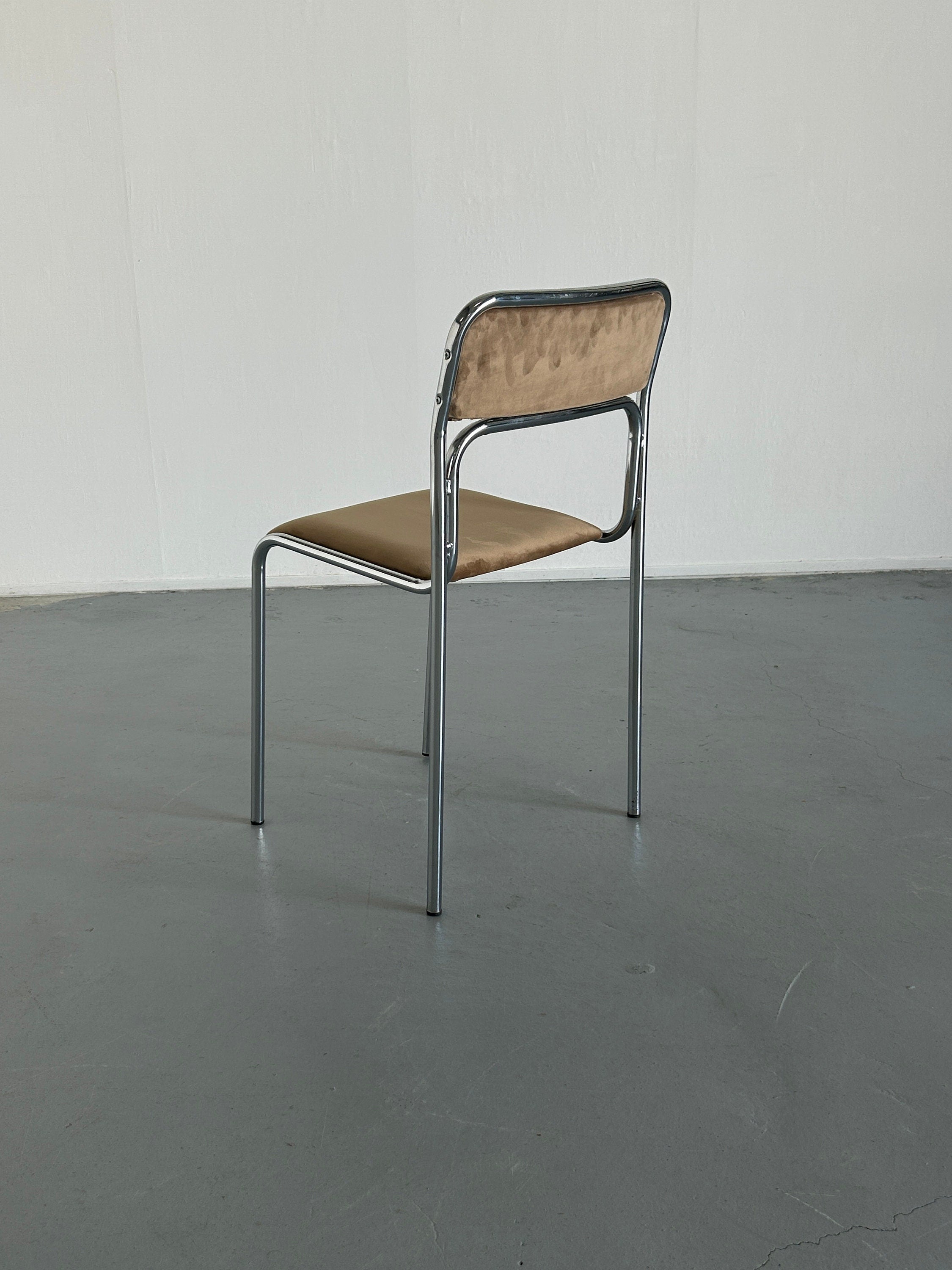 1 of 8 Bauhaus Chrome Tubular Steel and Beige Velvet | 80s Vintage Italian Modernist Stackable Dining Chairs