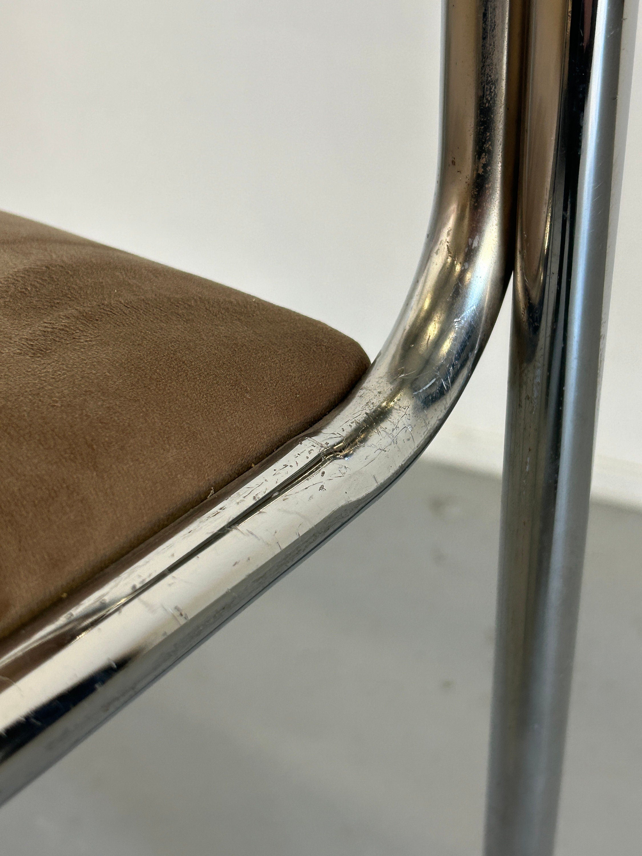 1 of 8 Bauhaus Chrome Tubular Steel and Beige Velvet | 80s Vintage Italian Modernist Stackable Dining Chairs