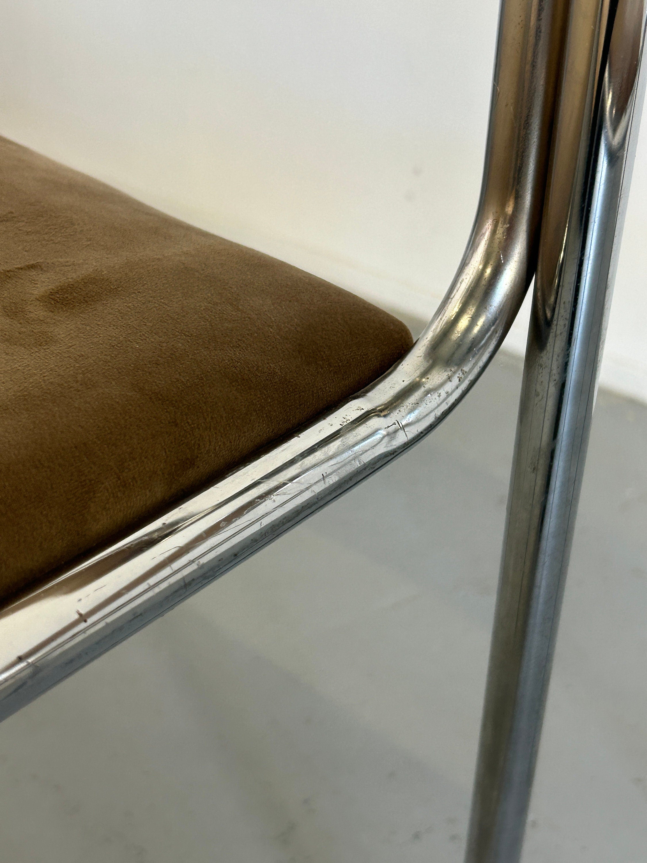 1 of 8 Bauhaus Chrome Tubular Steel and Beige Velvet | 80s Vintage Italian Modernist Stackable Dining Chairs
