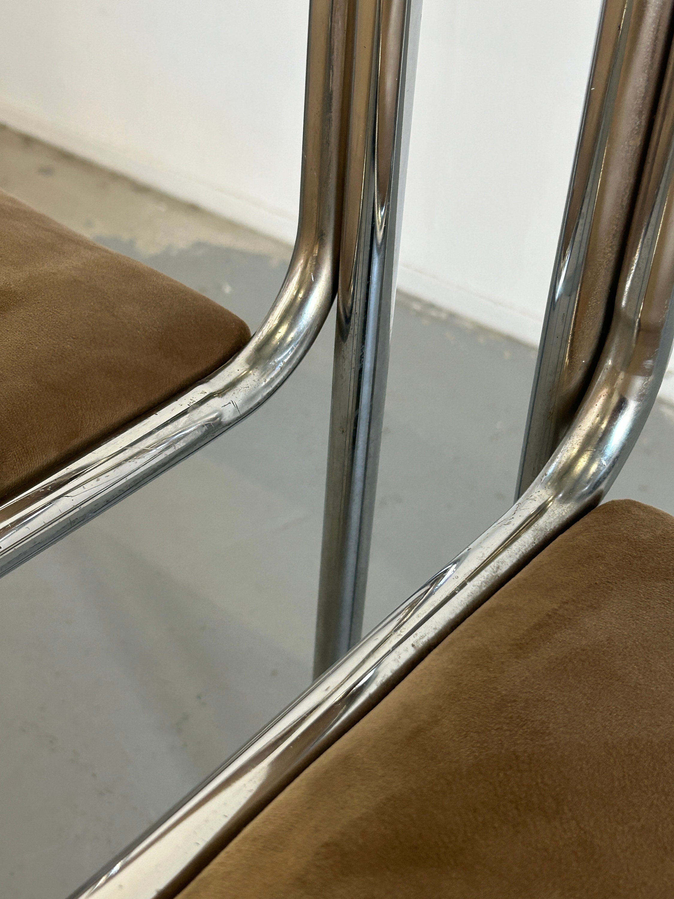1 of 8 Bauhaus Chrome Tubular Steel and Beige Velvet | 80s Vintage Italian Modernist Stackable Dining Chairs