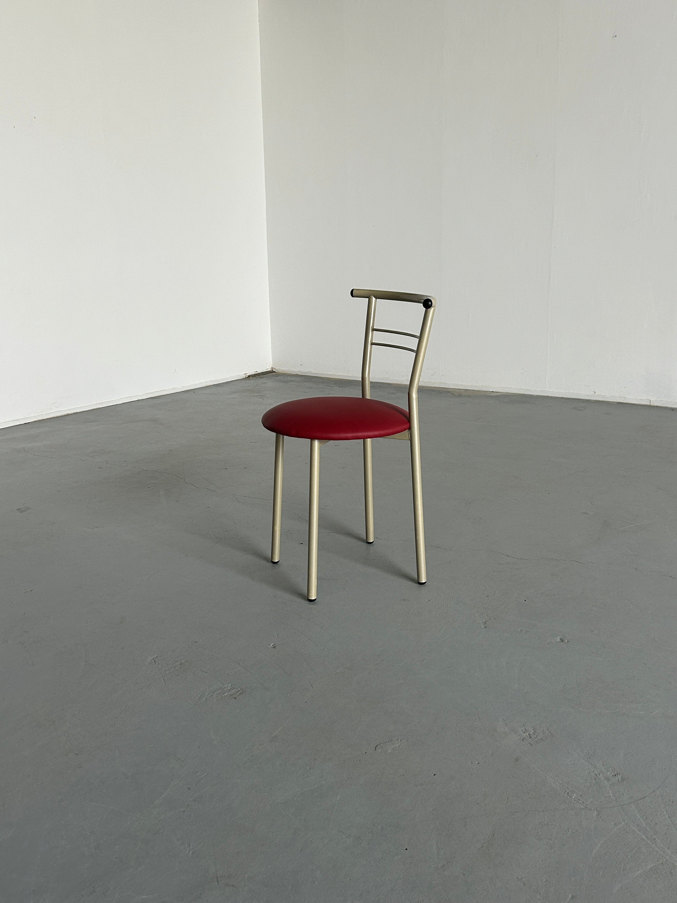 Postmodern Memphis Style Metal Chair with Red Faux Leather Upholstery, 1980s Italy