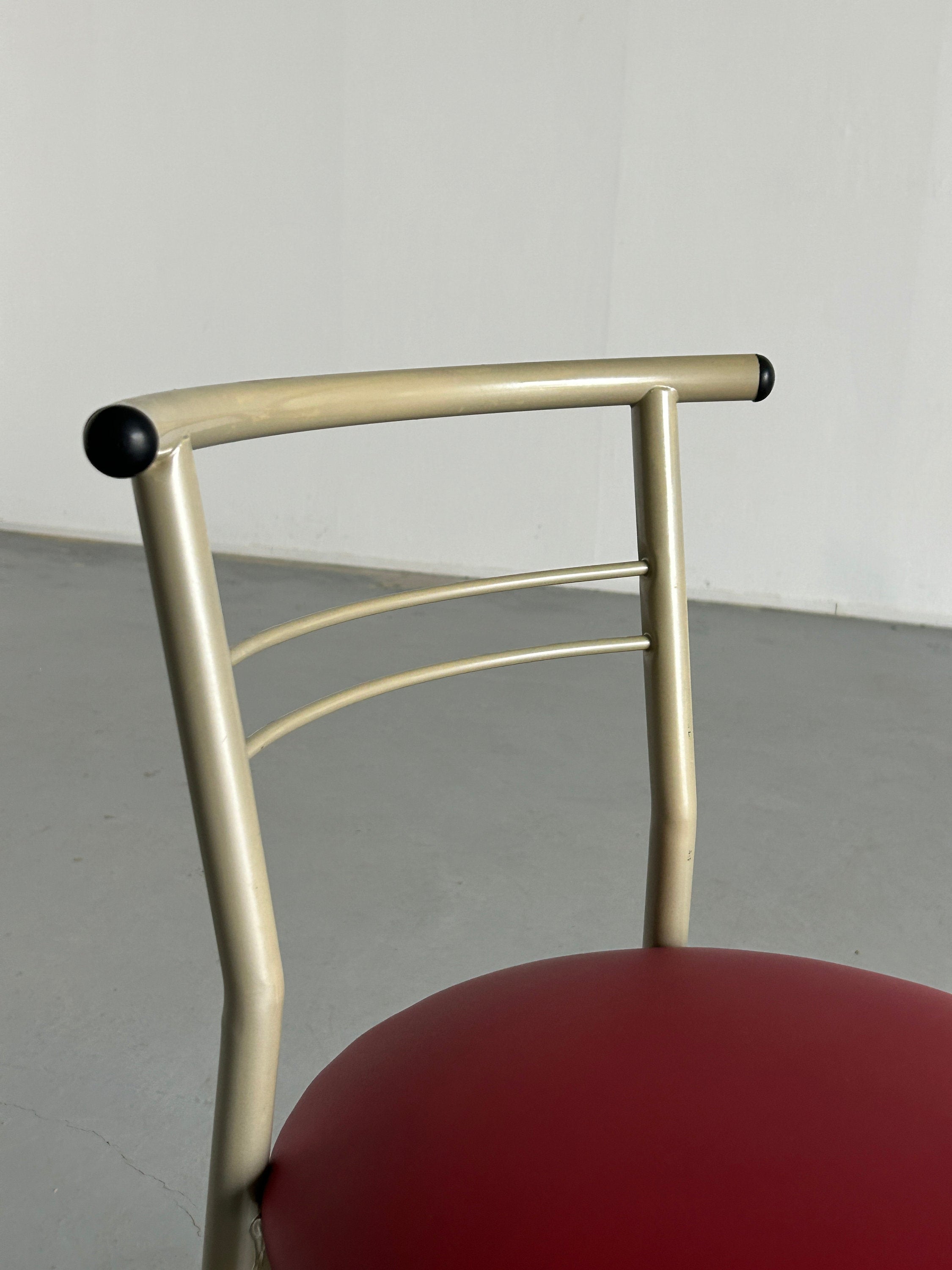 Postmodern Memphis Style Metal Chair with Red Faux Leather Upholstery, 1980s Italy