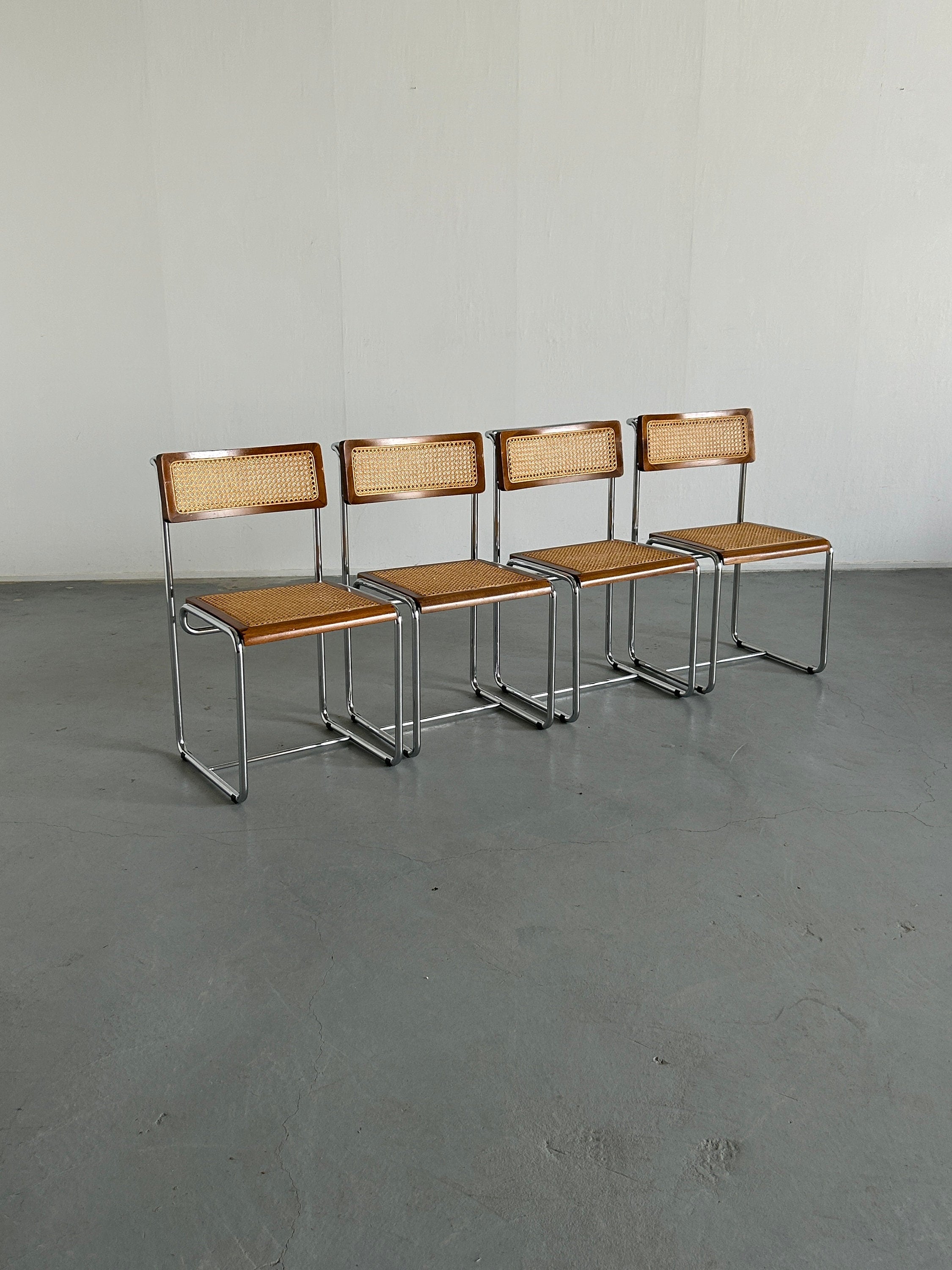 Set of 4 Mid-Century Modern Constructivist Dining Chairs in Bent Chrome Tubular Steel and Wicker Cane, Bauhaus Design, 1960s