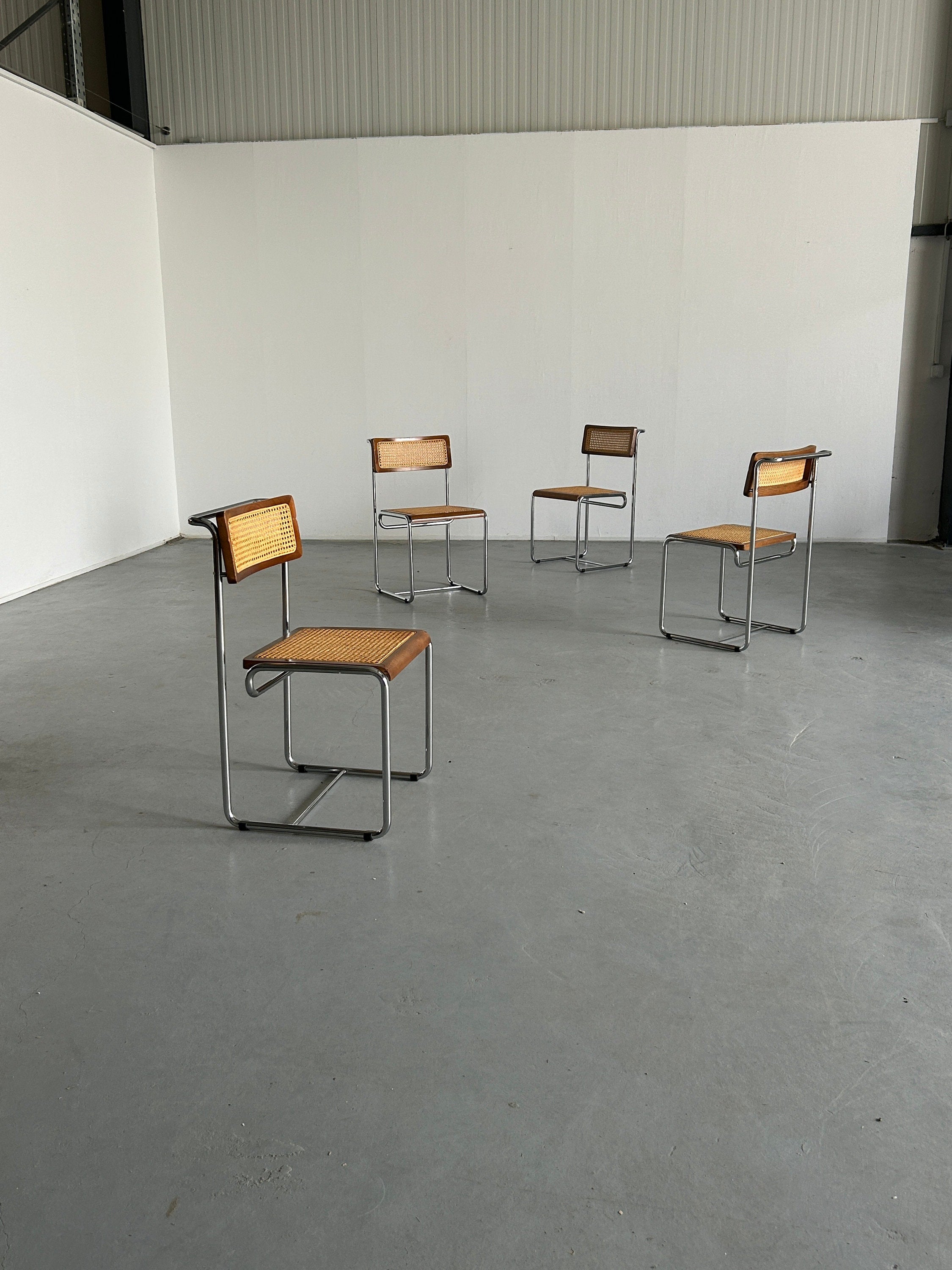 Set of 4 Mid-Century Modern Constructivist Dining Chairs in Bent Chrome Tubular Steel and Wicker Cane, Bauhaus Design, 1960s