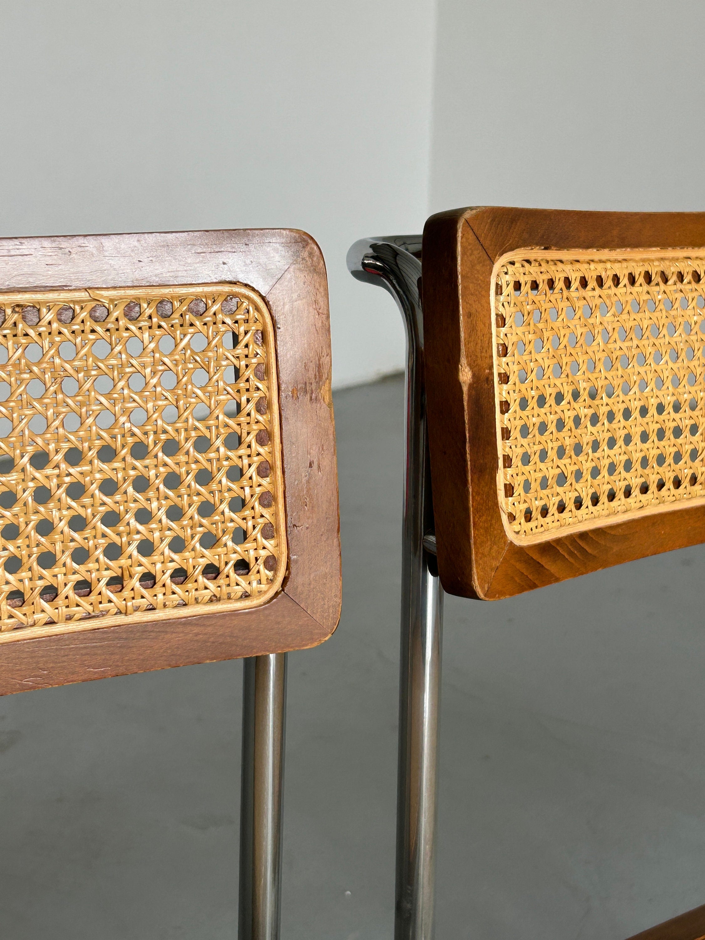 Set of 4 Mid-Century Modern Constructivist Dining Chairs in Bent Chrome Tubular Steel and Wicker Cane, Bauhaus Design, 1960s