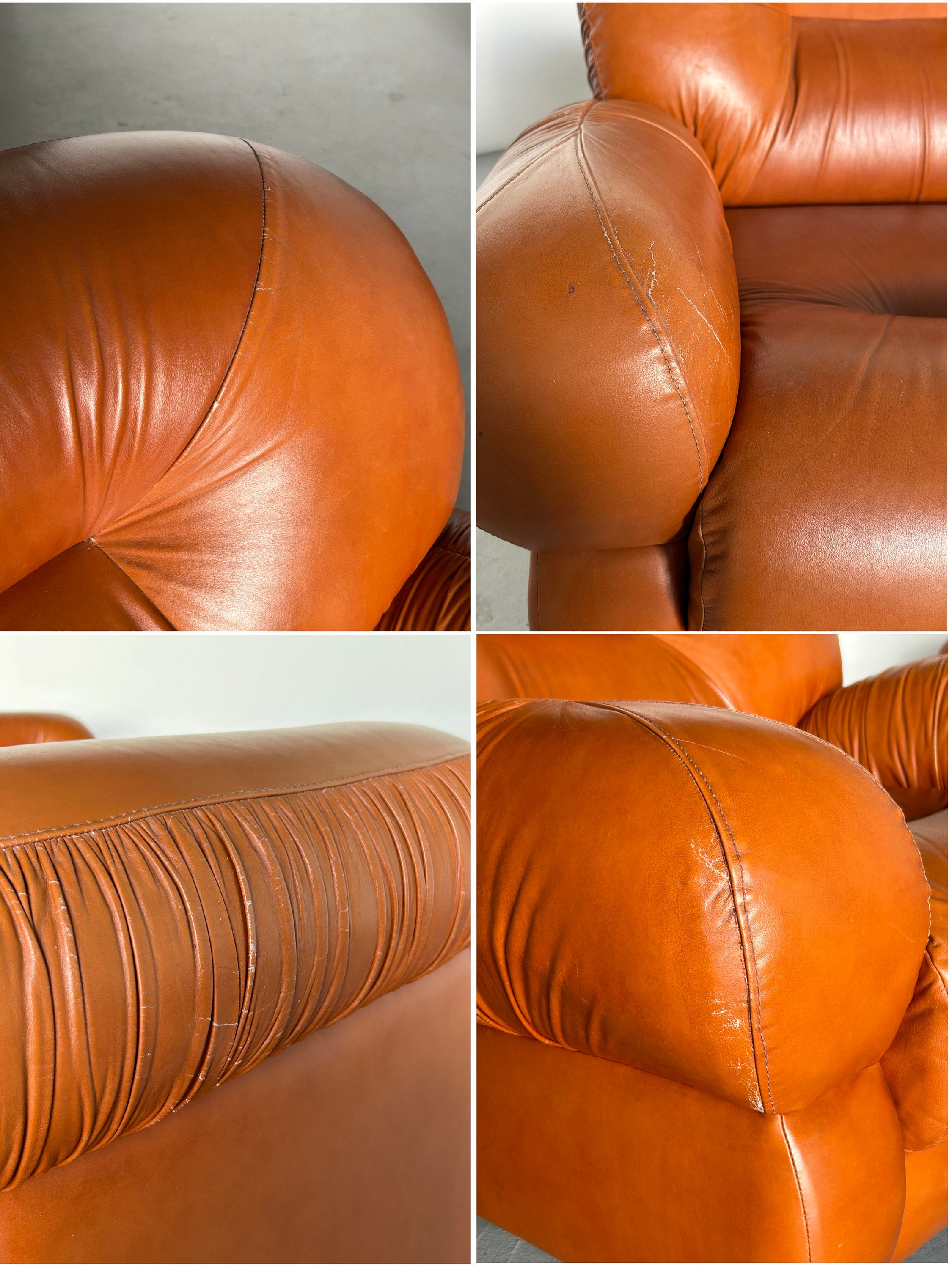 Ruched Cognac Leather Seating Set, 1970s Italy