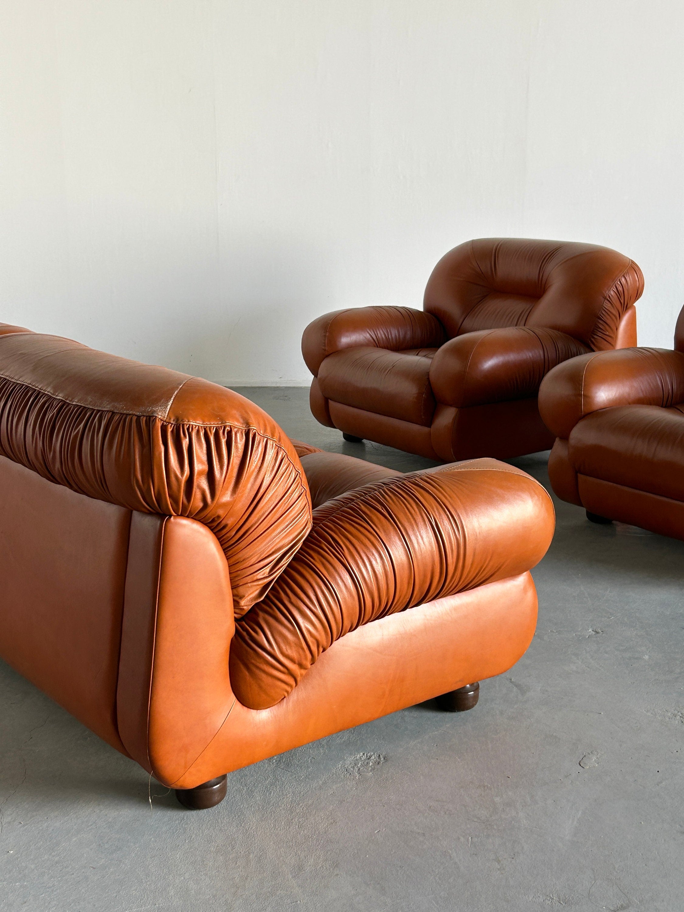 Ruched Cognac Leather Seating Set, 1970s Italy