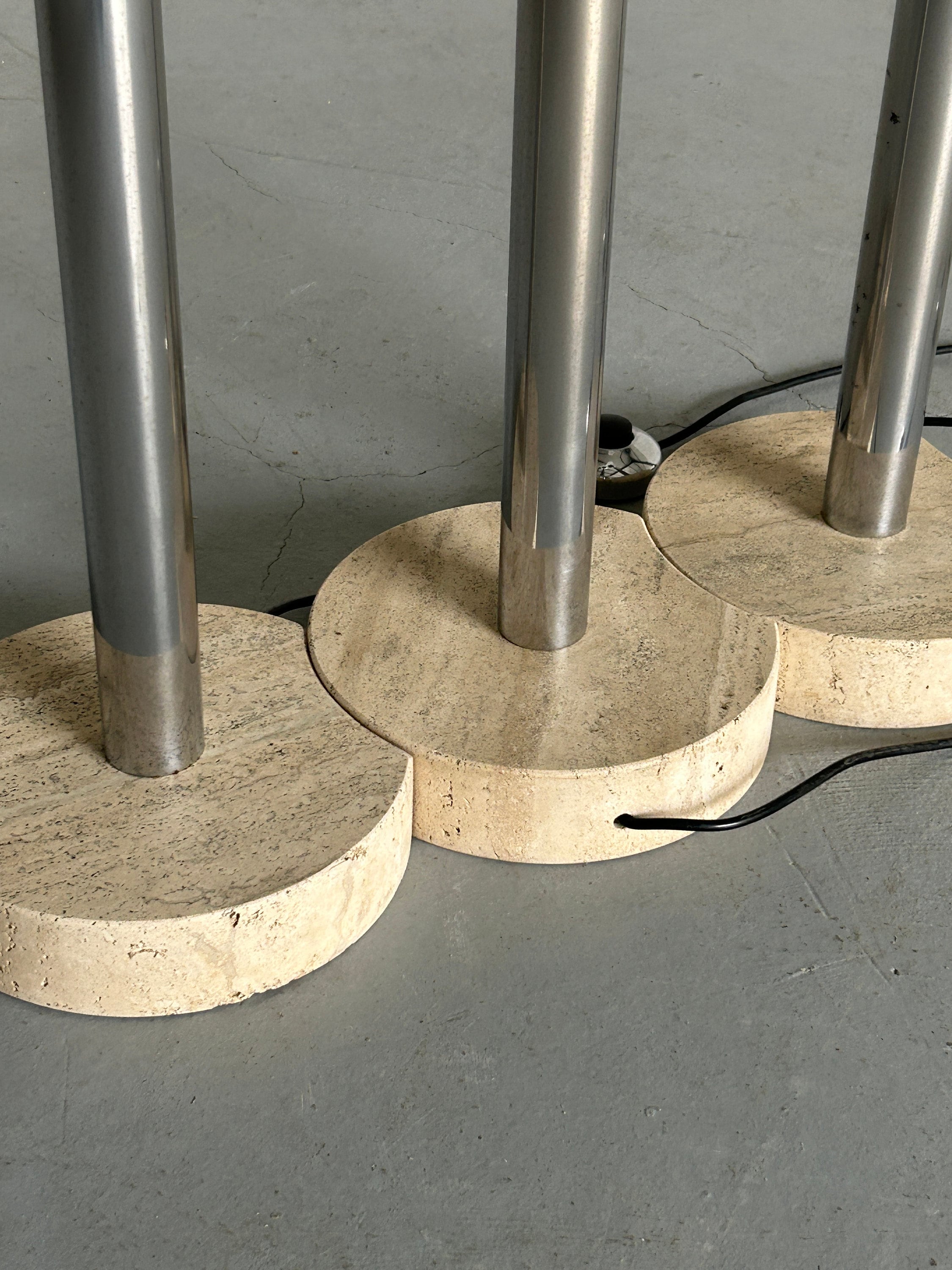 Mid Century Modern Floor Lamp in Travertine, Chrome and Murano Glass by Massimo & Lella Vignelli for Venini, 1970s, Set of 3