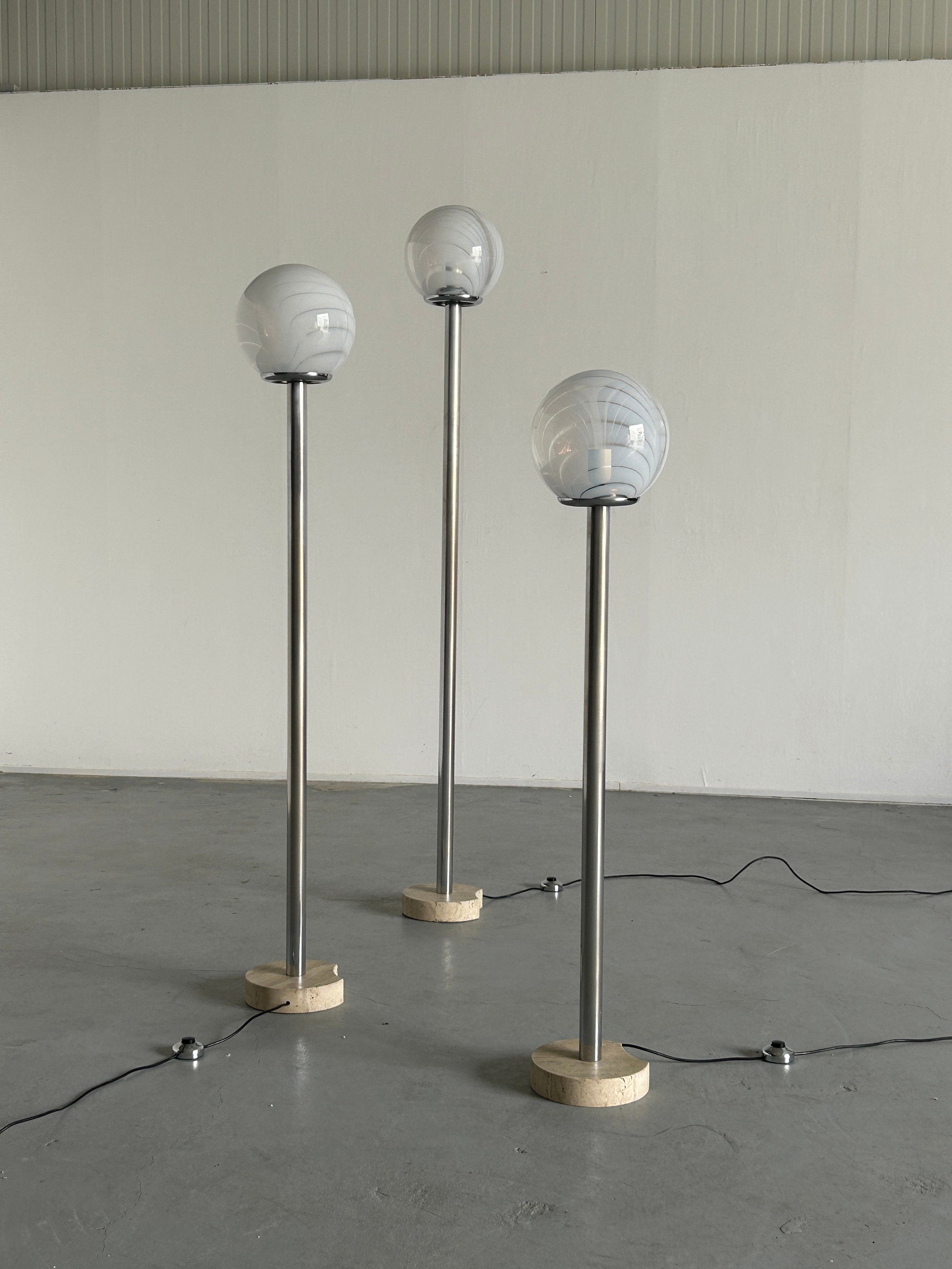 Mid Century Modern Floor Lamp in Travertine, Chrome and Murano Glass by Massimo & Lella Vignelli for Venini, 1970s, Set of 3