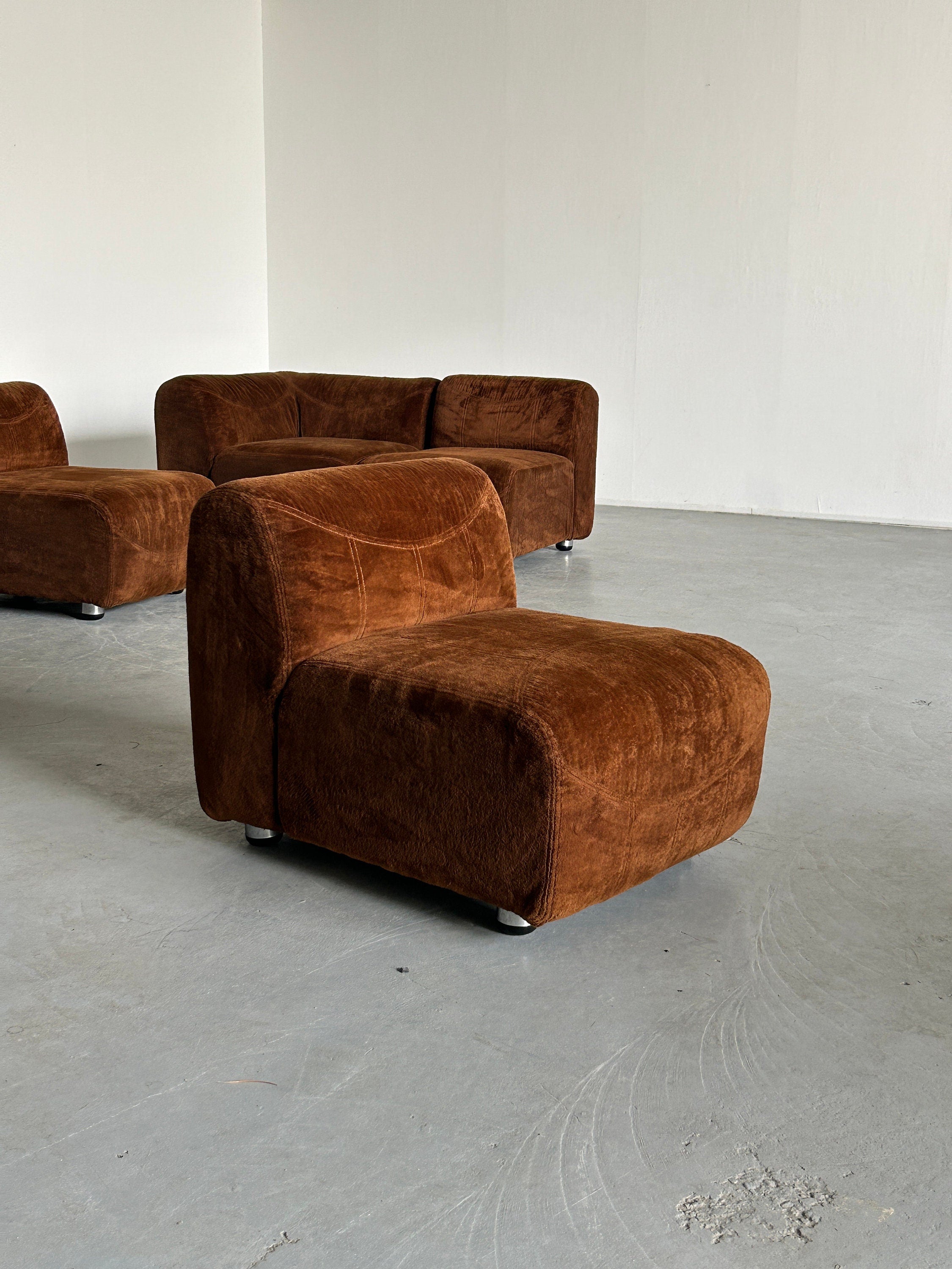 Mid-Century Modern Modular Corner Sofa Brown Velvet Fabric, 1970s Italy