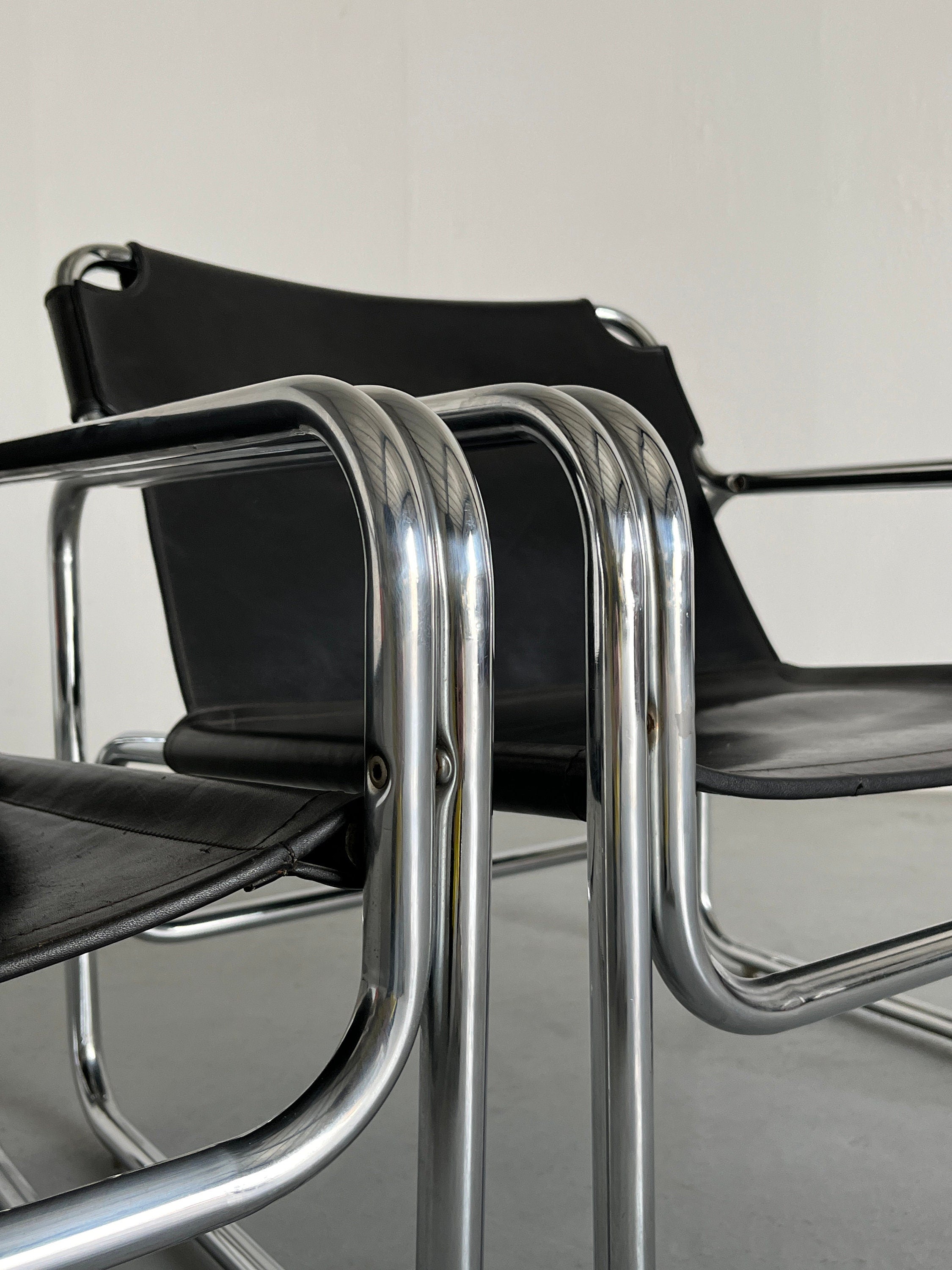 1 of 2 Bauhaus Leather and Tubular Steel Modernist Armchairs by Jox Interni, 1970s