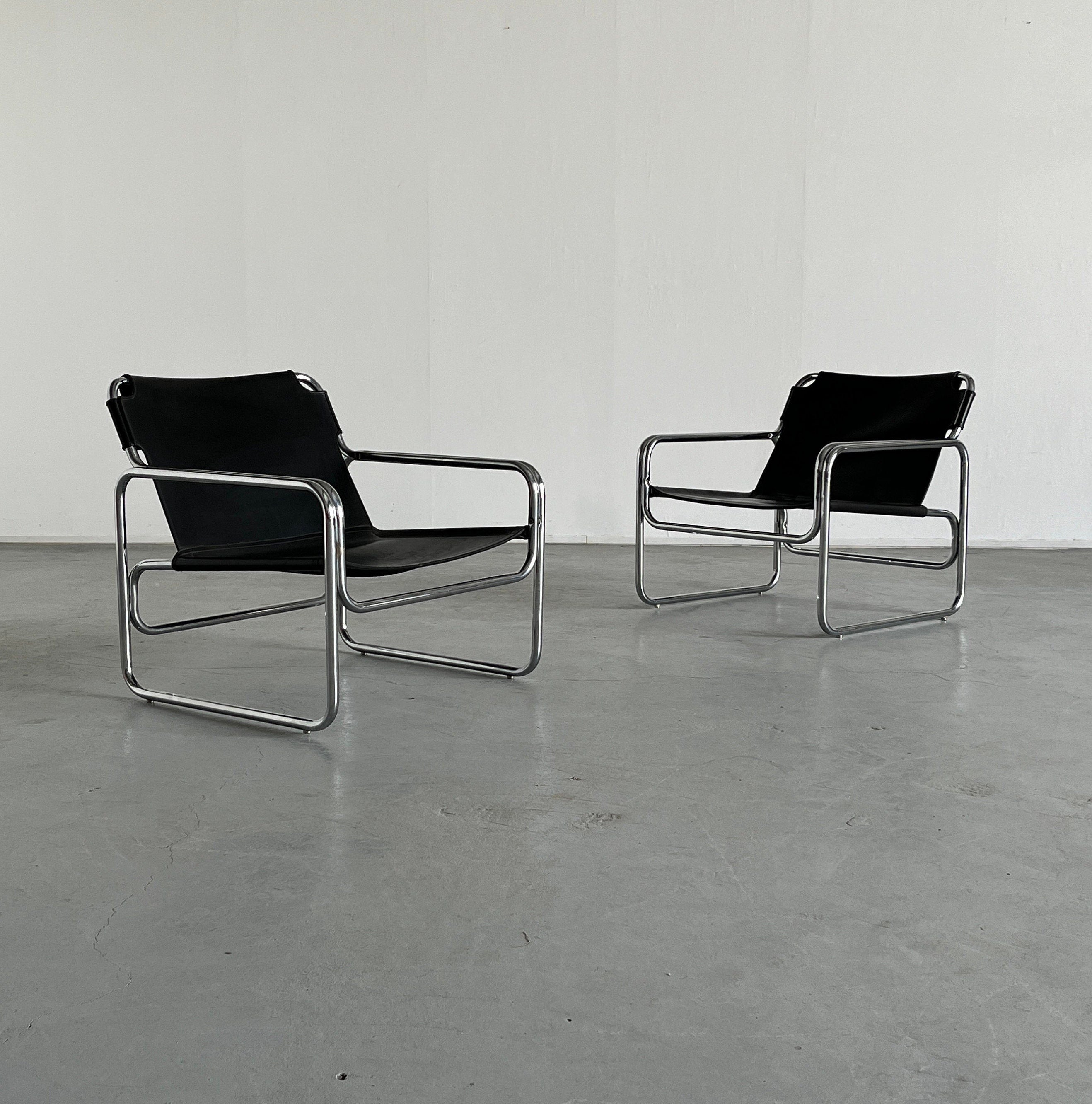 1 of 2 Bauhaus Leather and Tubular Steel Modernist Armchairs by Jox Interni, 1970s