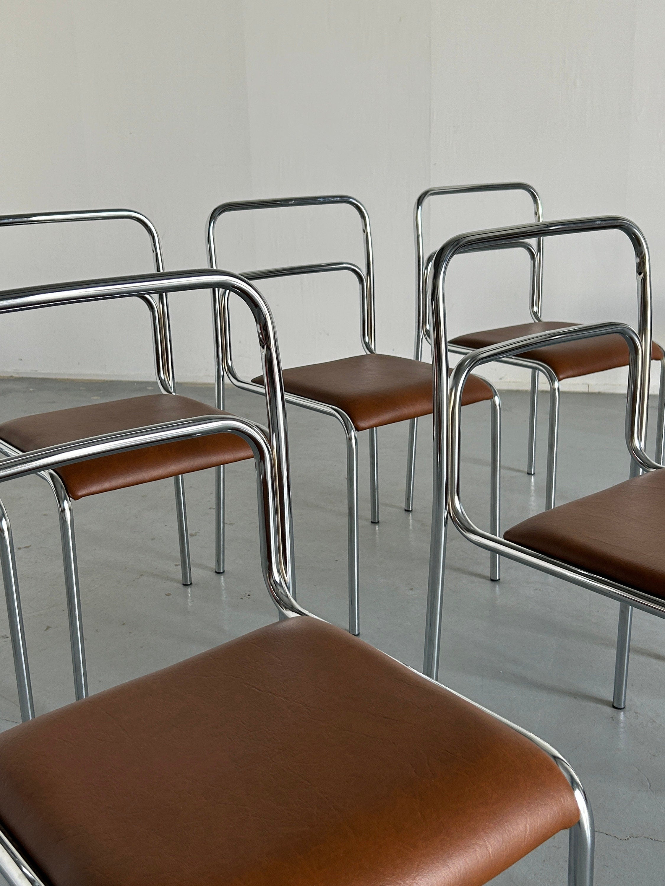 Bauhaus Design Chrome Tubular Steel and Brown Faux Leather Dining Chairs, 1980s Vintage Italian Modernist Stackable Dining Chairs