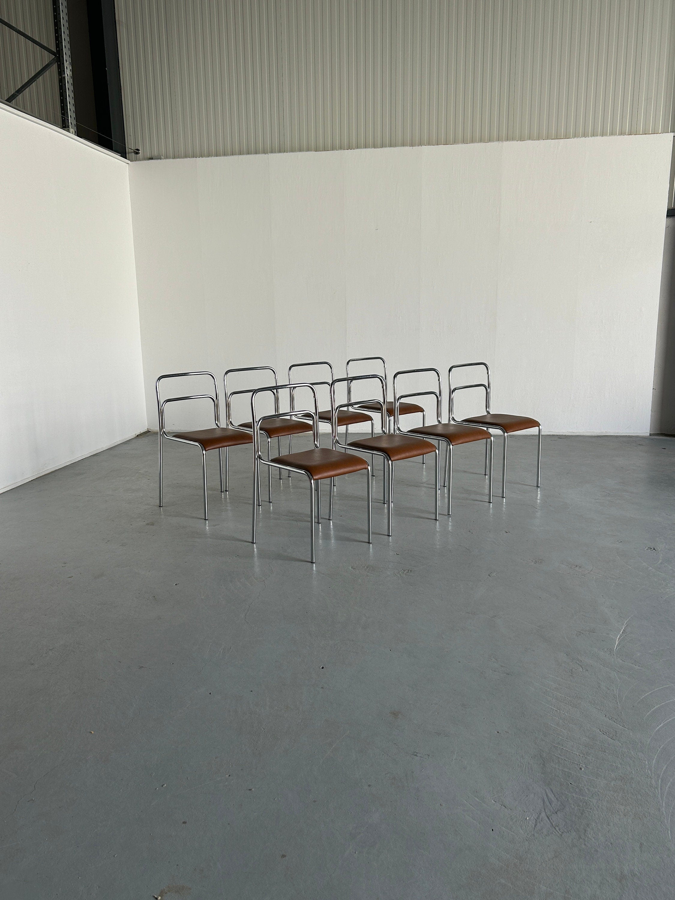 Bauhaus Design Chrome Tubular Steel and Brown Faux Leather Dining Chairs, 1980s Vintage Italian Modernist Stackable Dining Chairs