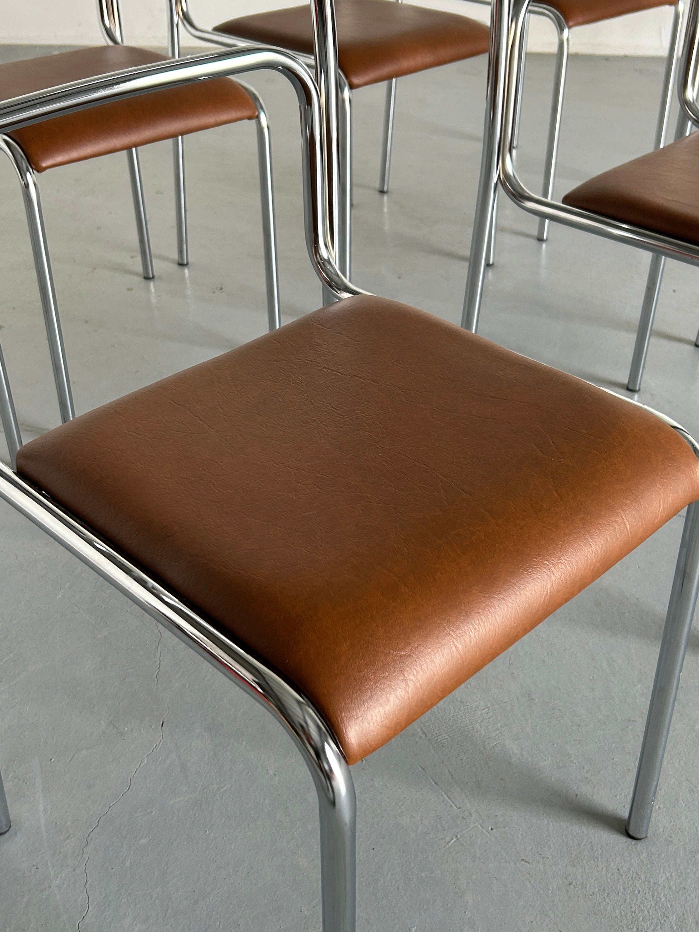Bauhaus Design Chrome Tubular Steel and Brown Faux Leather Dining Chairs, 1980s Vintage Italian Modernist Stackable Dining Chairs