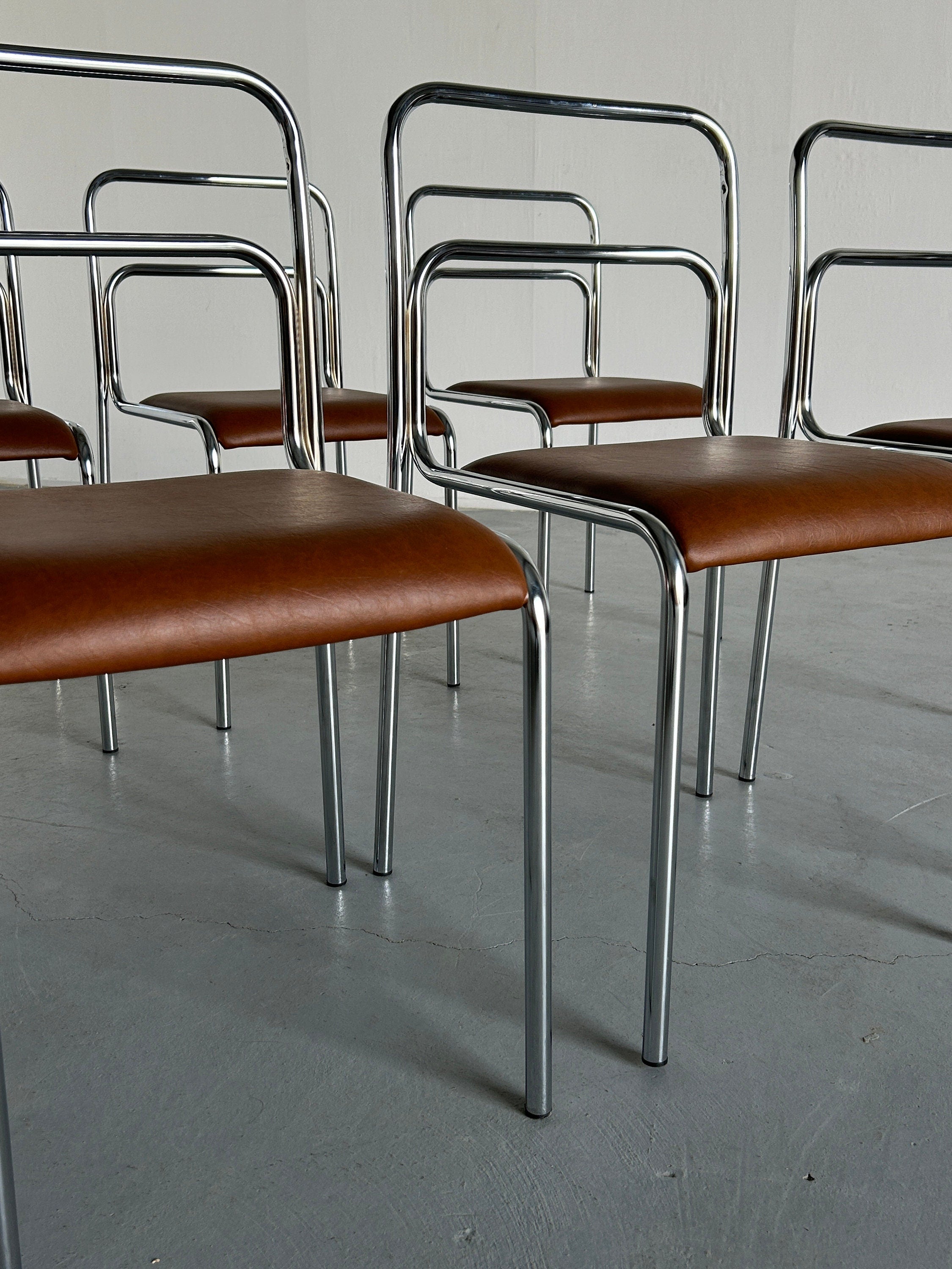Bauhaus Design Chrome Tubular Steel and Brown Faux Leather Dining Chairs, 1980s Vintage Italian Modernist Stackable Dining Chairs