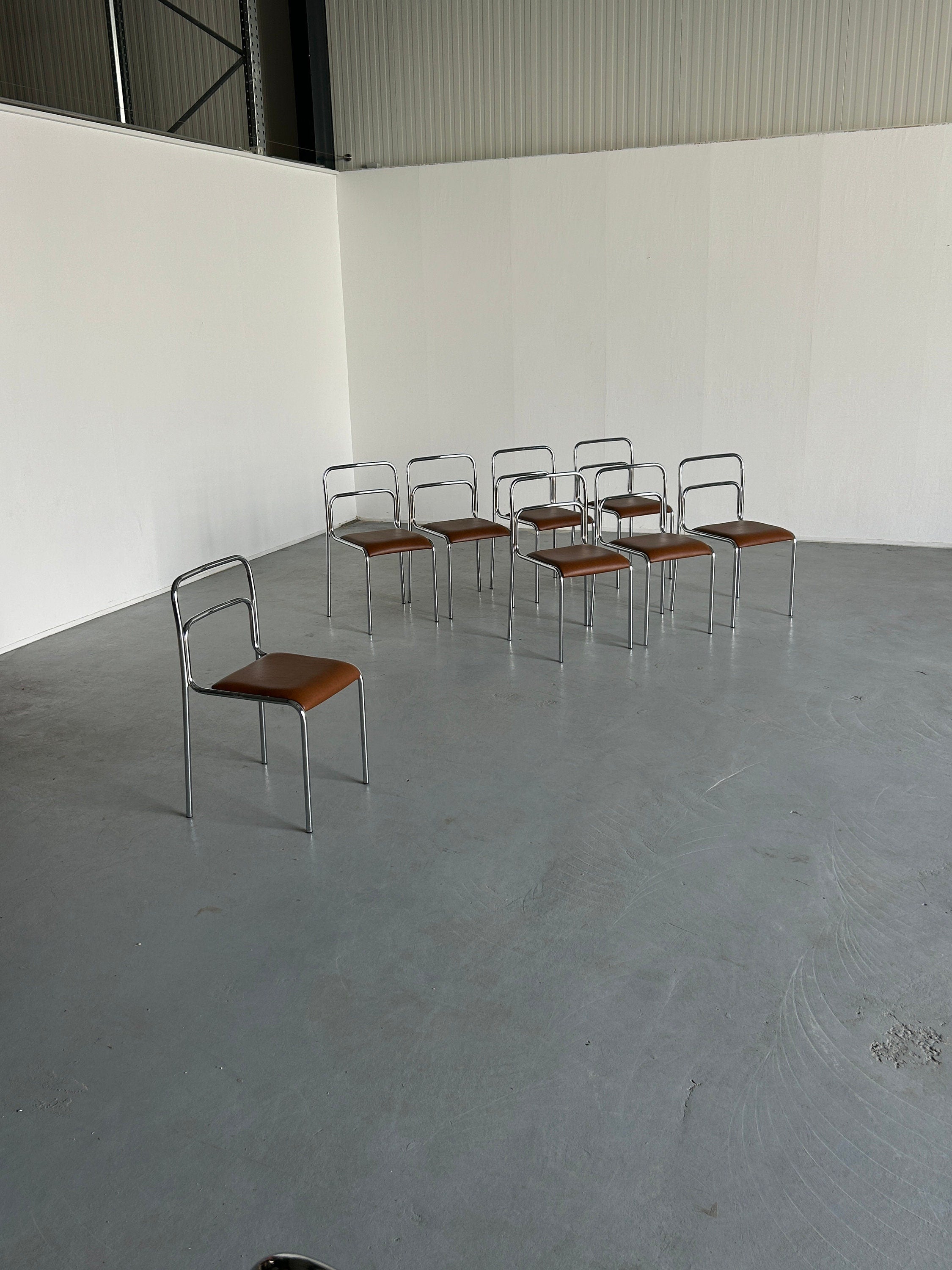 Bauhaus Design Chrome Tubular Steel and Brown Faux Leather Dining Chairs, 1980s Vintage Italian Modernist Stackable Dining Chairs