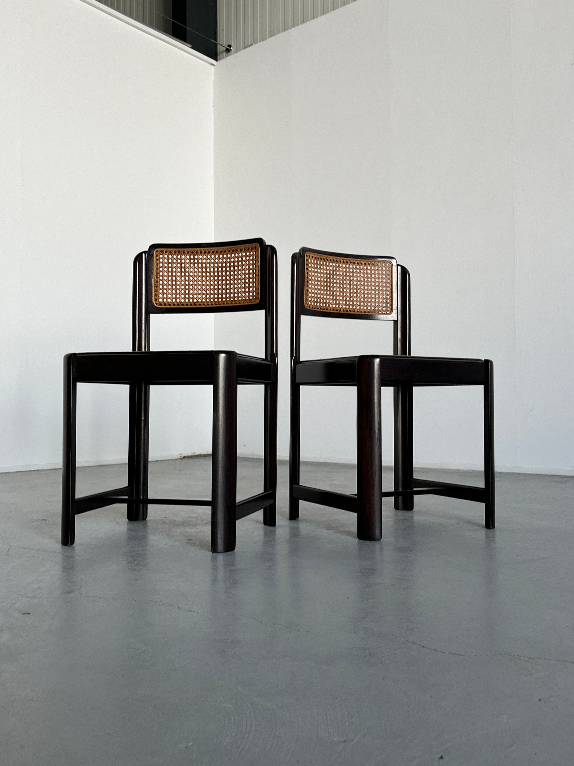Pair of Mid-Century Modern Stained Beechwood and Wicker Cane Dining Chairs, 1960s Italy