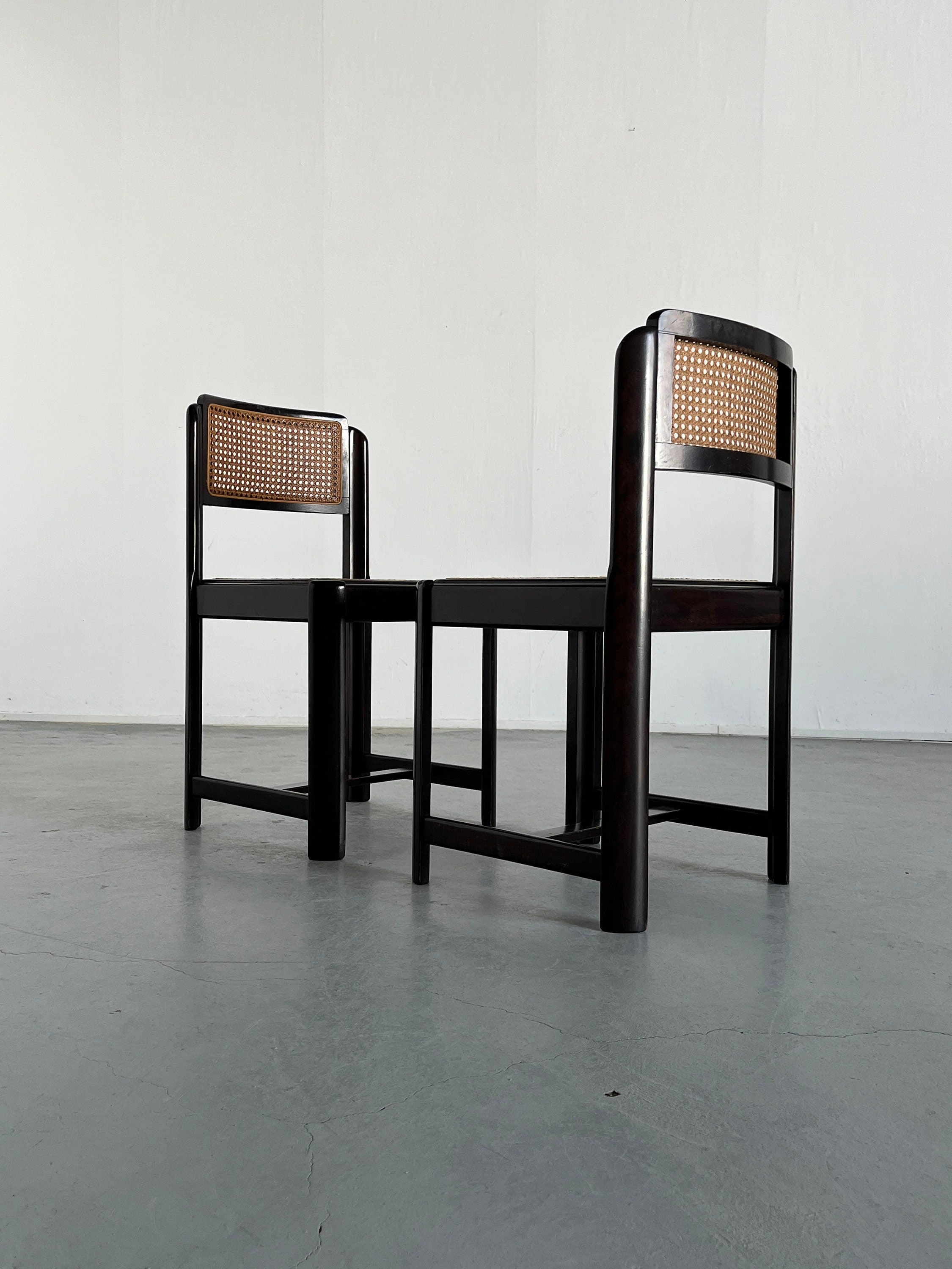 Pair of Mid-Century Modern Stained Beechwood and Wicker Cane Dining Chairs, 1960s Italy