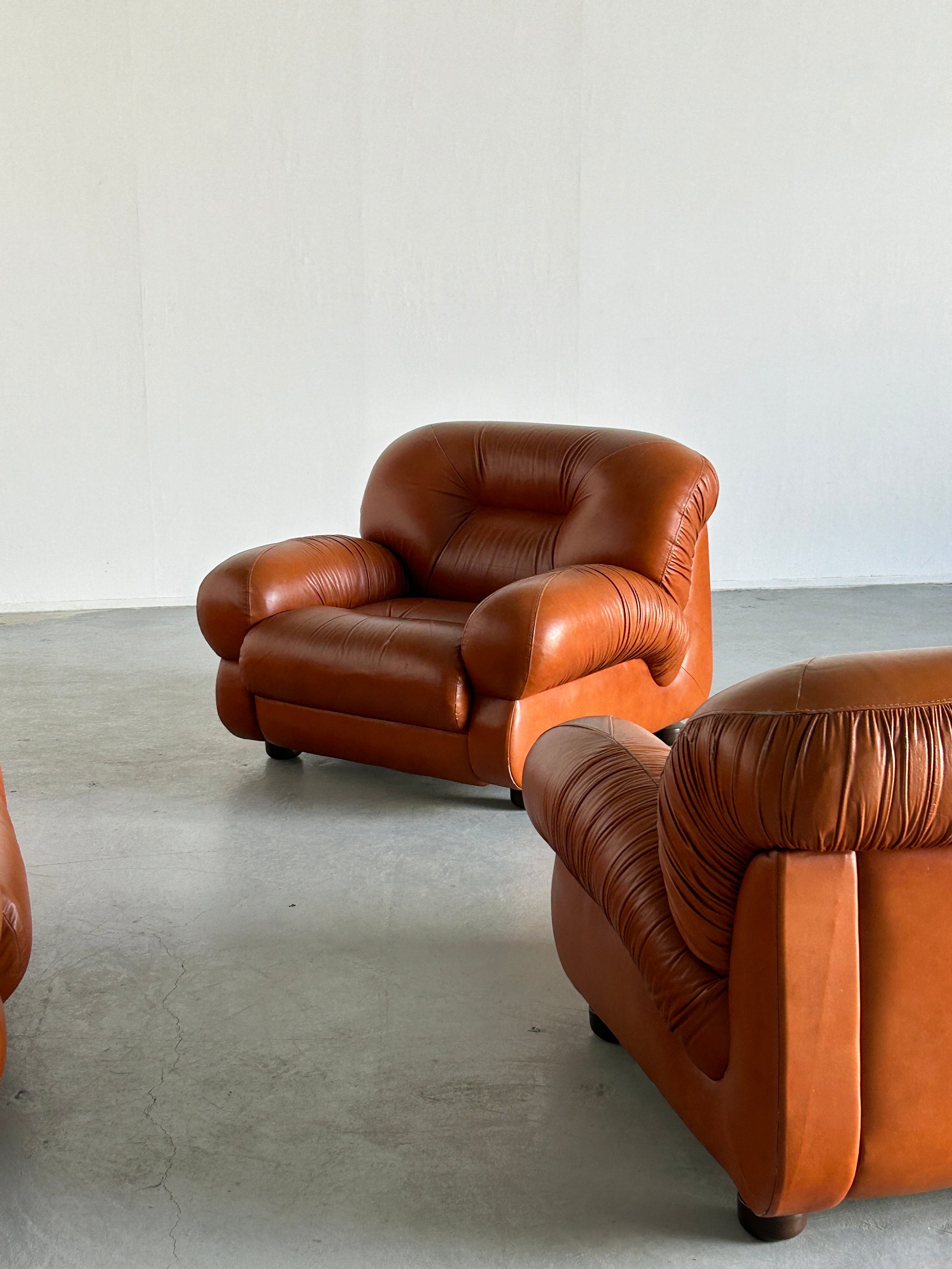 Ruched Cognac Leather Seating Set, 1970s Italy