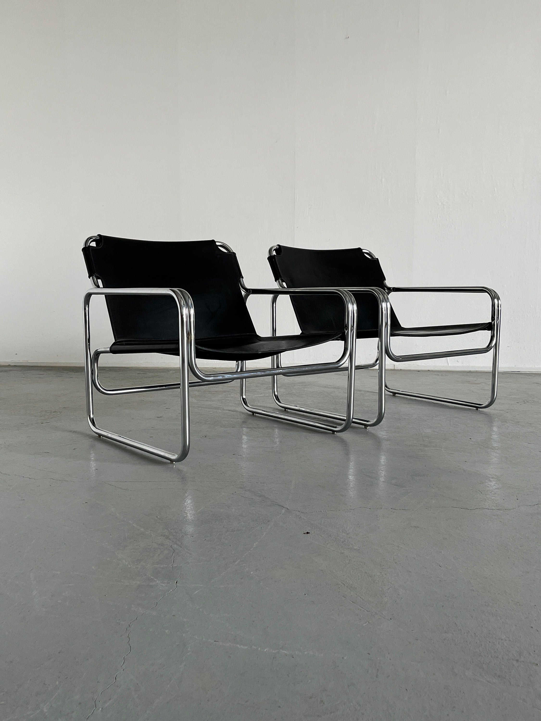 1 of 2 Bauhaus Leather and Tubular Steel Modernist Armchairs by Jox Interni, 1970s