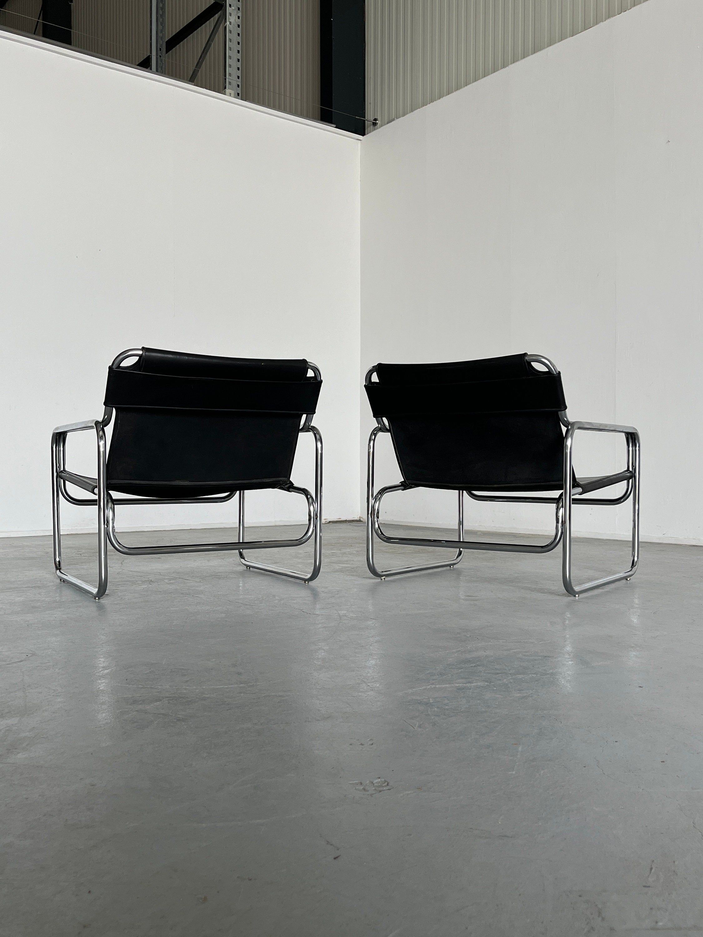 1 of 2 Bauhaus Leather and Tubular Steel Modernist Armchairs by Jox Interni, 1970s