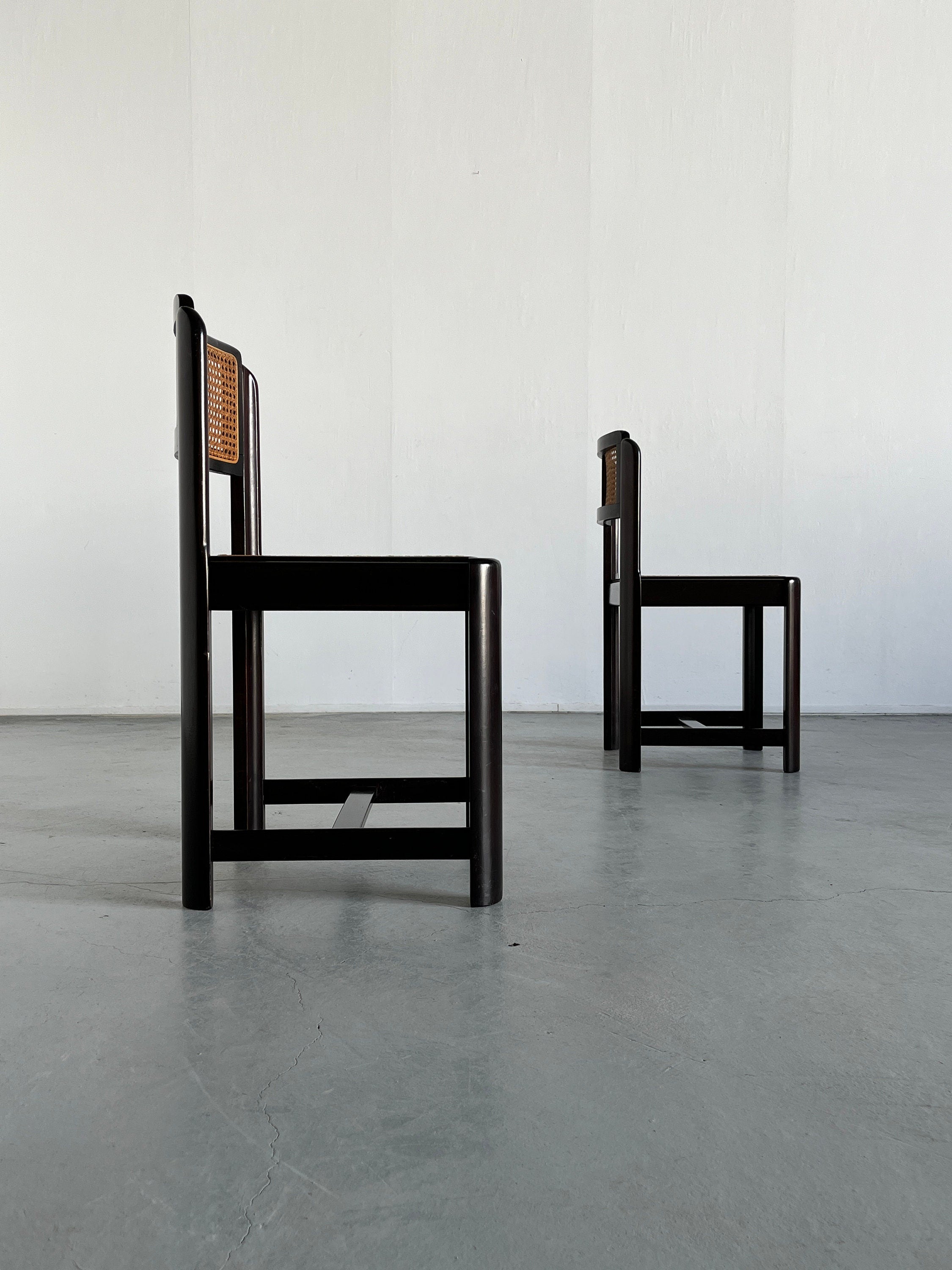 Pair of Mid-Century Modern Stained Beechwood and Wicker Cane Dining Chairs, 1960s Italy